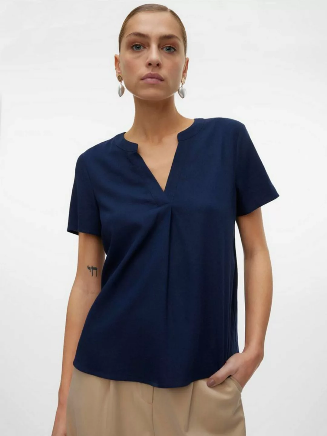 Vero Moda Blusenshirt VMMYMILO SS V-NECK TOP WVN GA mit Leinen günstig online kaufen