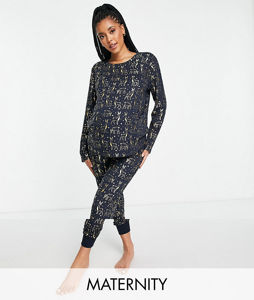 Chelsea Peers – Umstandsmode – Weihnachts-Pyjama in Marineblau mit Rentier- günstig online kaufen