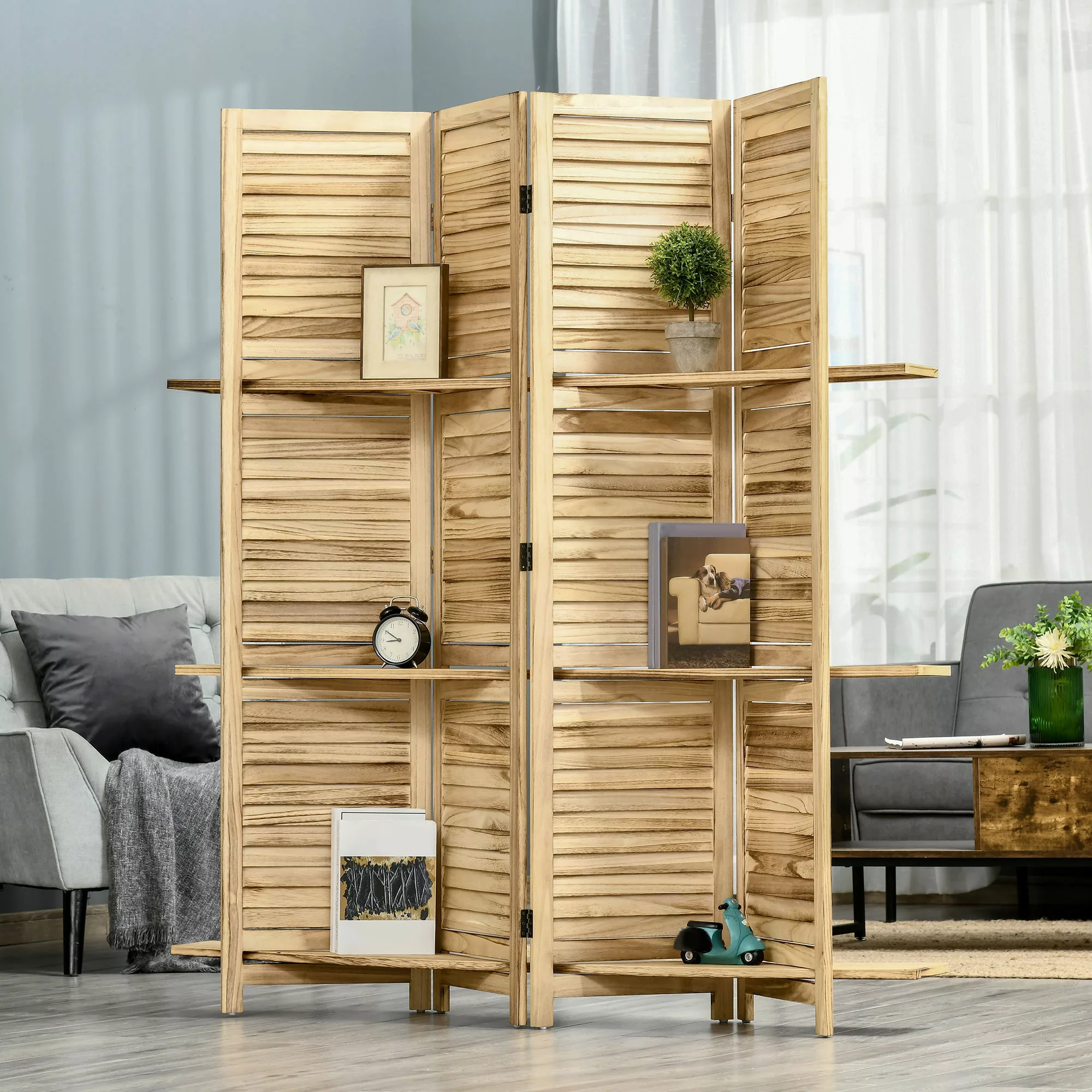 HOMCOM Innenraum-Paravent 4 Panels 162 B x 170 H cm 3 Regale faltbarer Raum günstig online kaufen