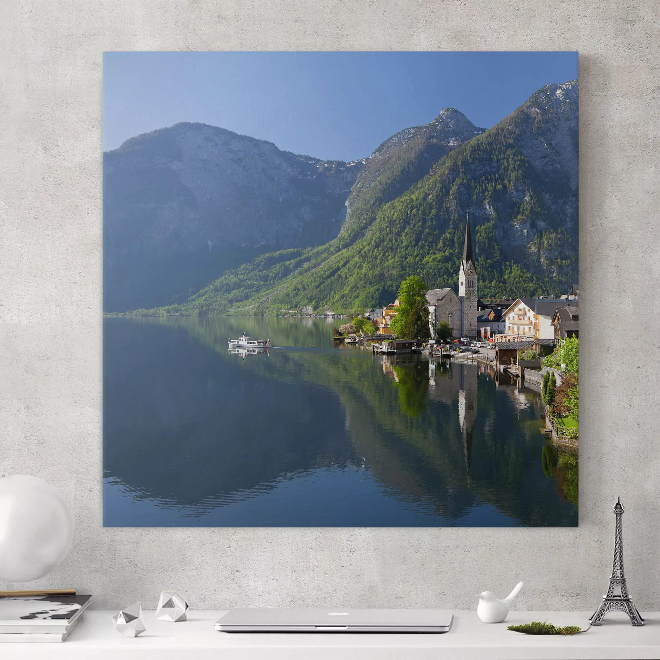 Leinwandbild Architektur & Skyline - Quadrat Hallstätter See und Bergblick günstig online kaufen