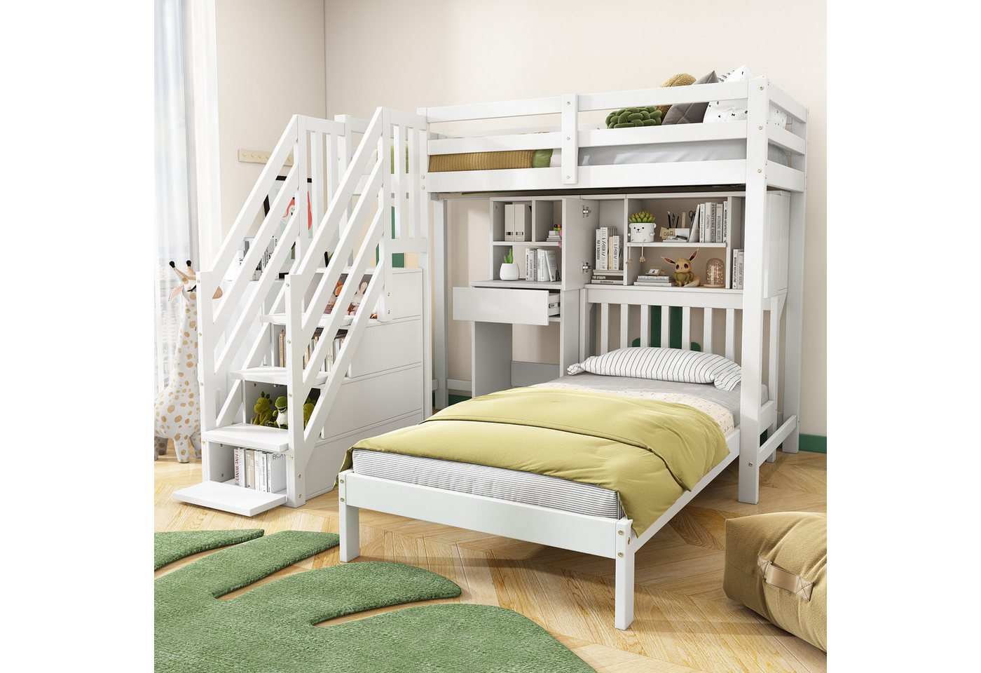 Flieks Etagenbett, Kiefernholz Kinderbett mit Schreibtisch und Treppe 90x20 günstig online kaufen