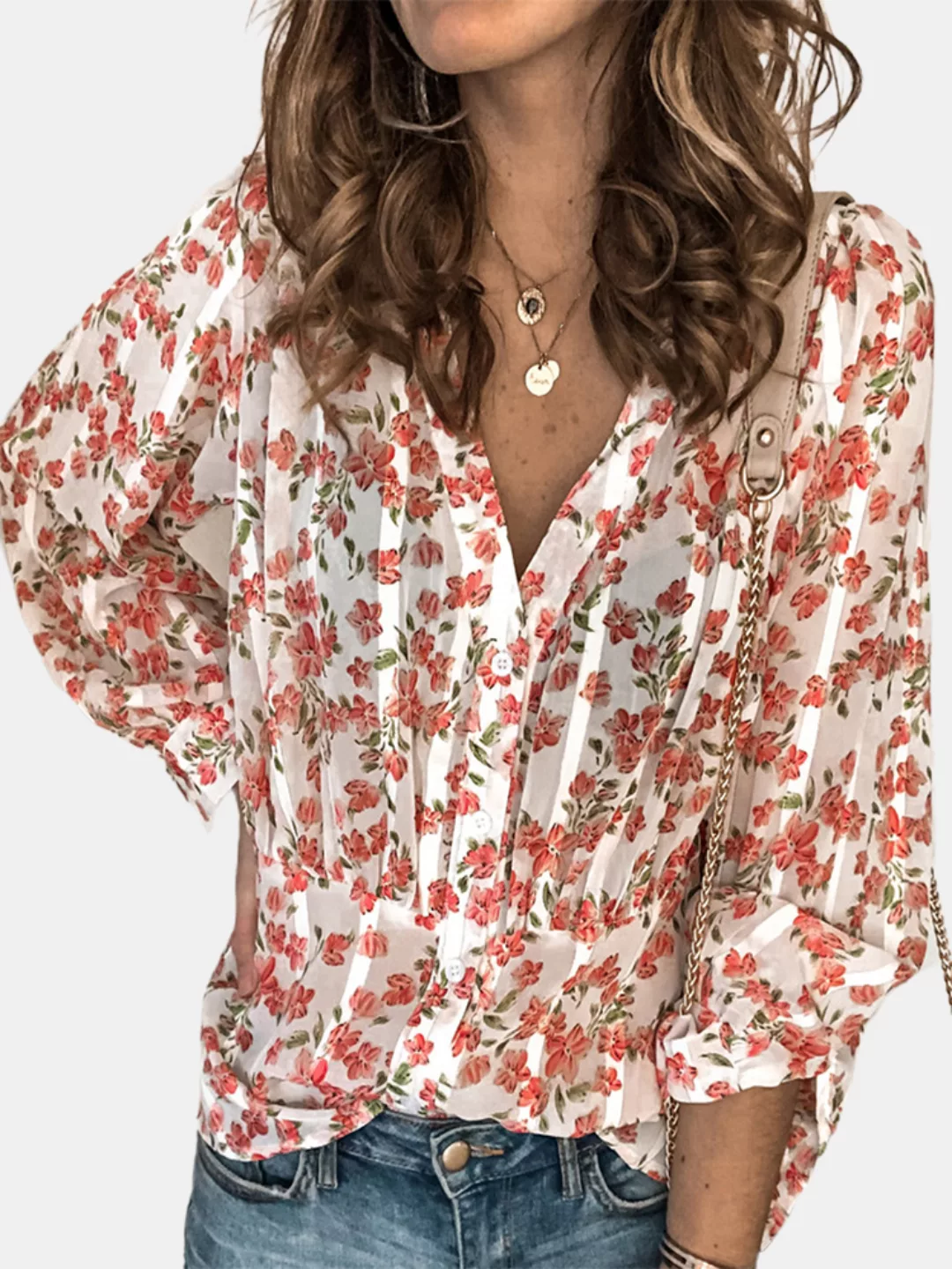 Plissee Blumendruck Langarm Casual Bluse Für Damen günstig online kaufen