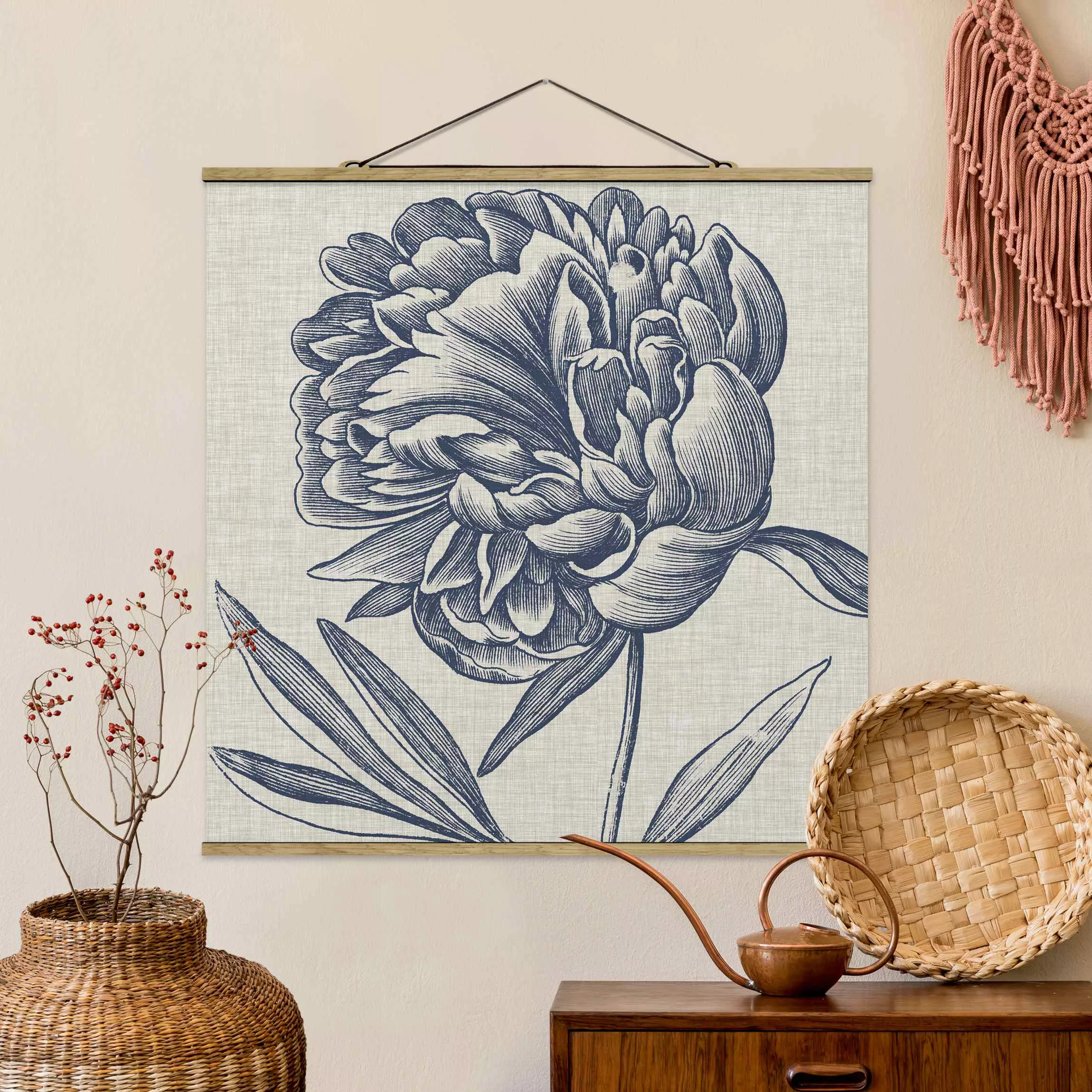 Stoffbild Blumen mit Posterleisten - Quadrat Indigo Blüte auf Leinen I günstig online kaufen
