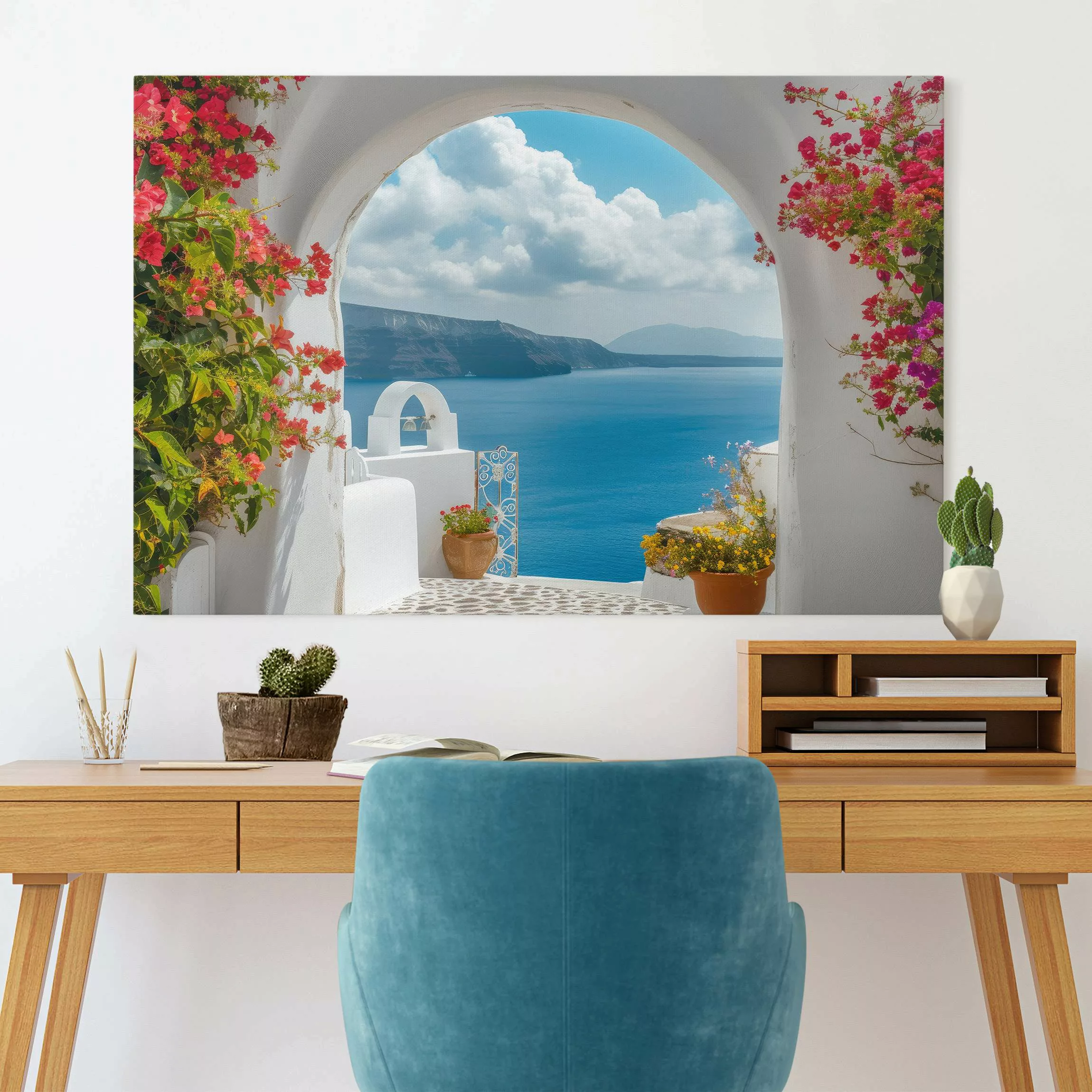 Leinwandbild Santorini Blick durch Steinbogen günstig online kaufen