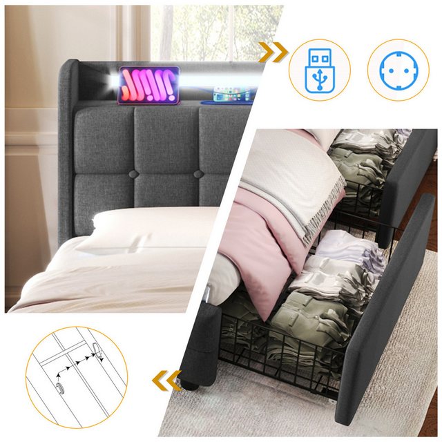 LuxeLiving Polsterbett LED Doppelbett (Inklusive USB-Typ-C-Ladeanschluss), günstig online kaufen