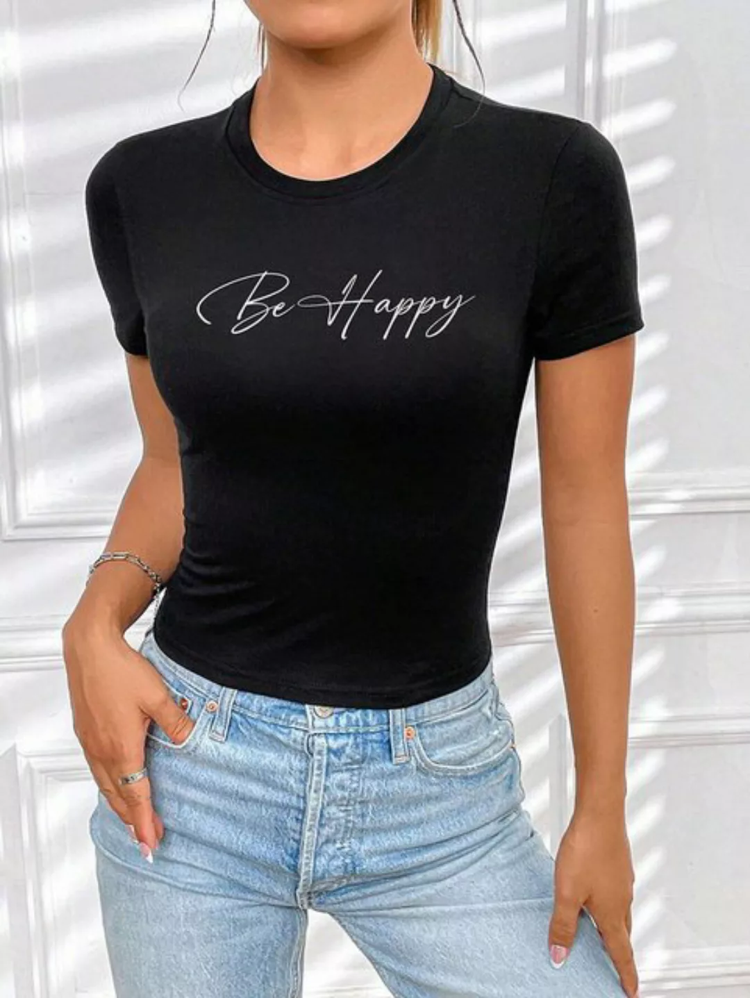 RMK T-Shirt Damen Shirt Top Sommer Basic Be Happy Glücklich aus Baumwolle, günstig online kaufen