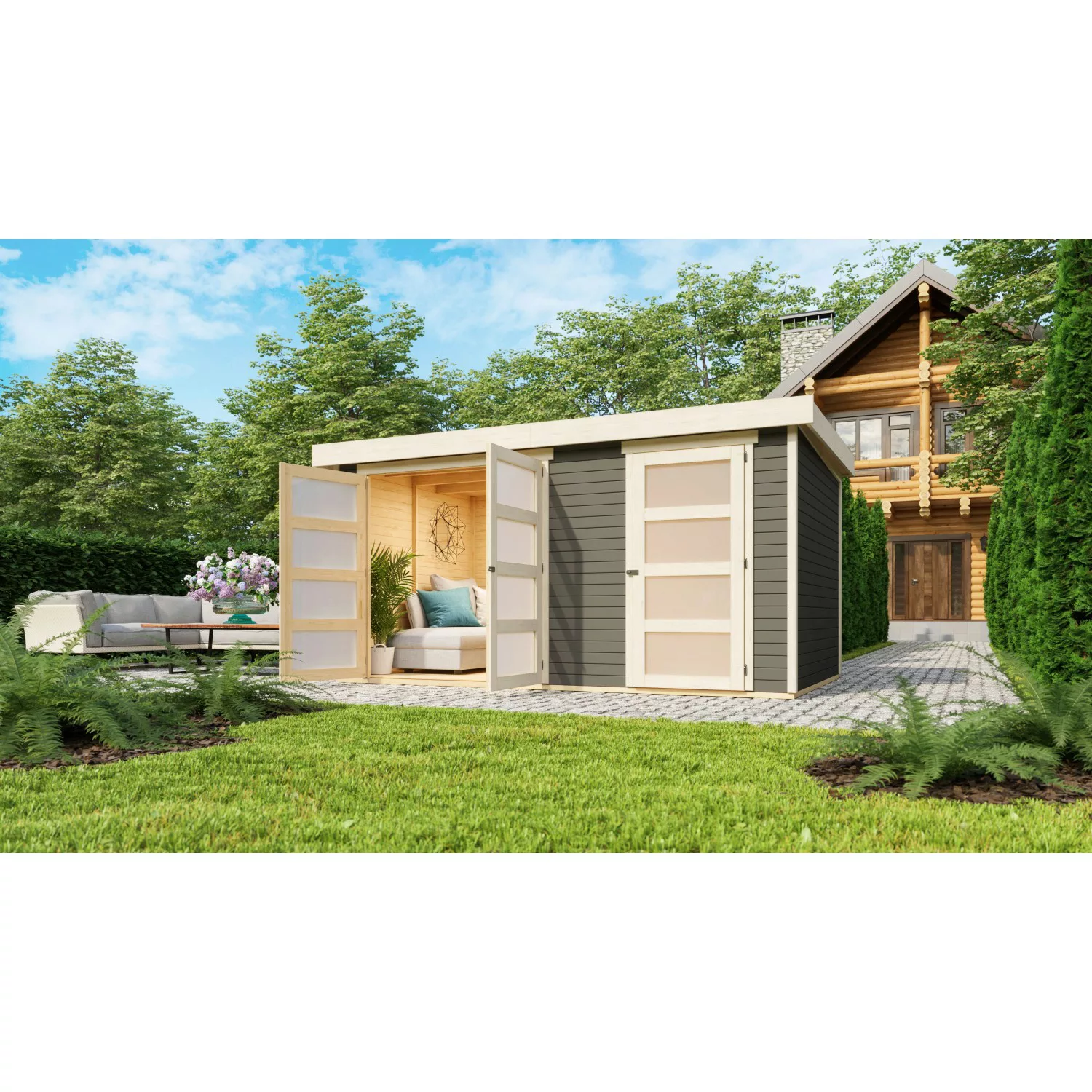 Karibu Holz-Gartenhaus Mühlenbach Terragrau Flachdach Lackiert 400 cm x 242 günstig online kaufen