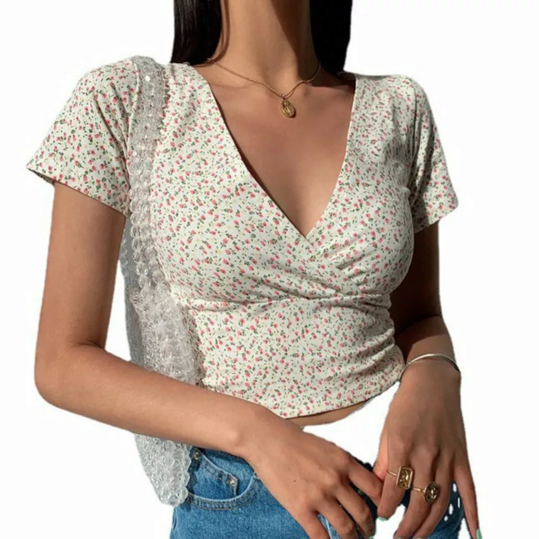 CHENIN T-Shirt Florales Kreuz V-Ausschnitt Schlankes kurzes freizügiges kur günstig online kaufen