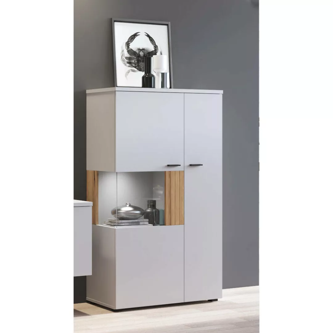 Highboard 80cm breit mit Beleuchtung, grau mit Eiche, Rillenoptik, ASHBURTO günstig online kaufen