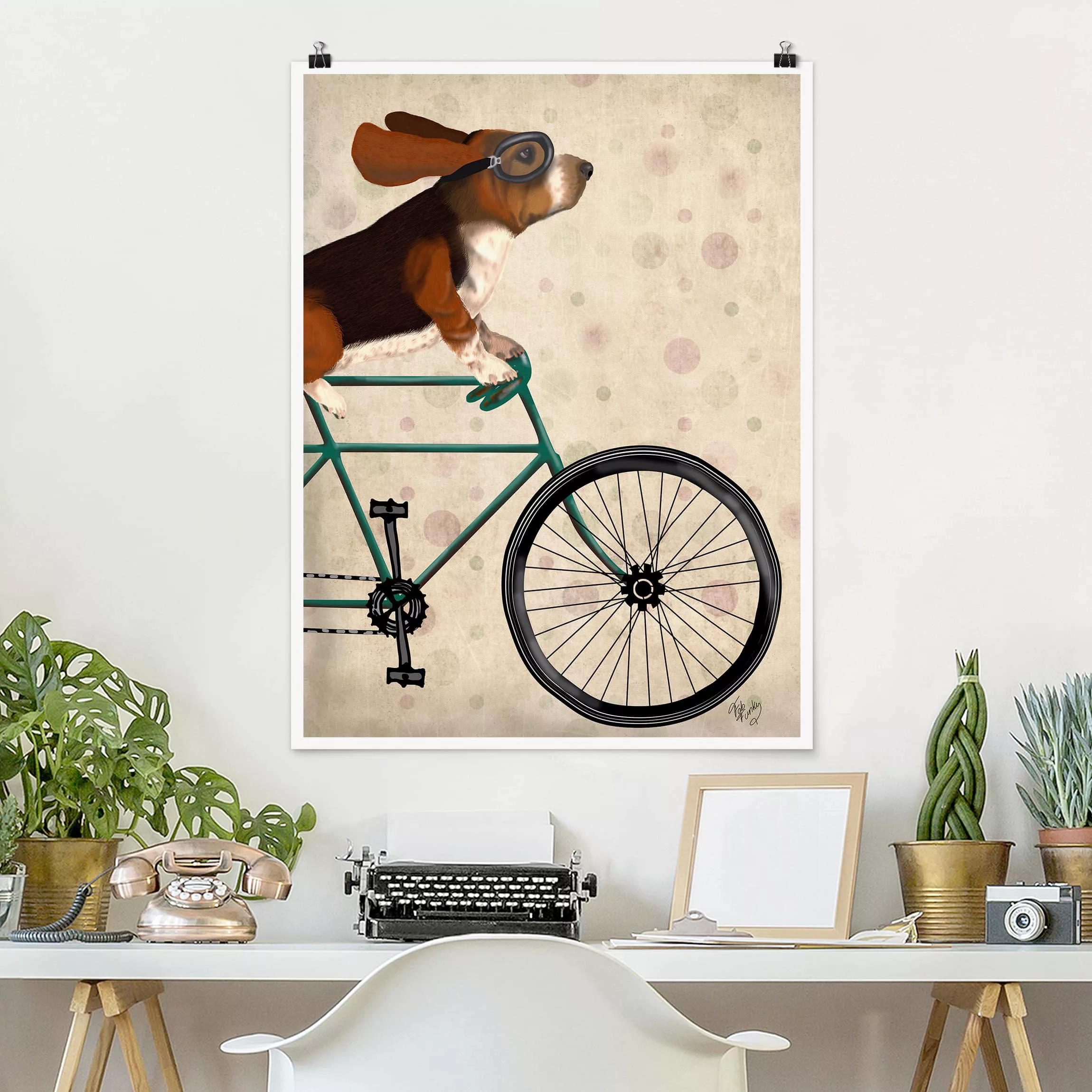 Poster Kinderzimmer - Hochformat Radtour - Basset auf Fahrrad günstig online kaufen