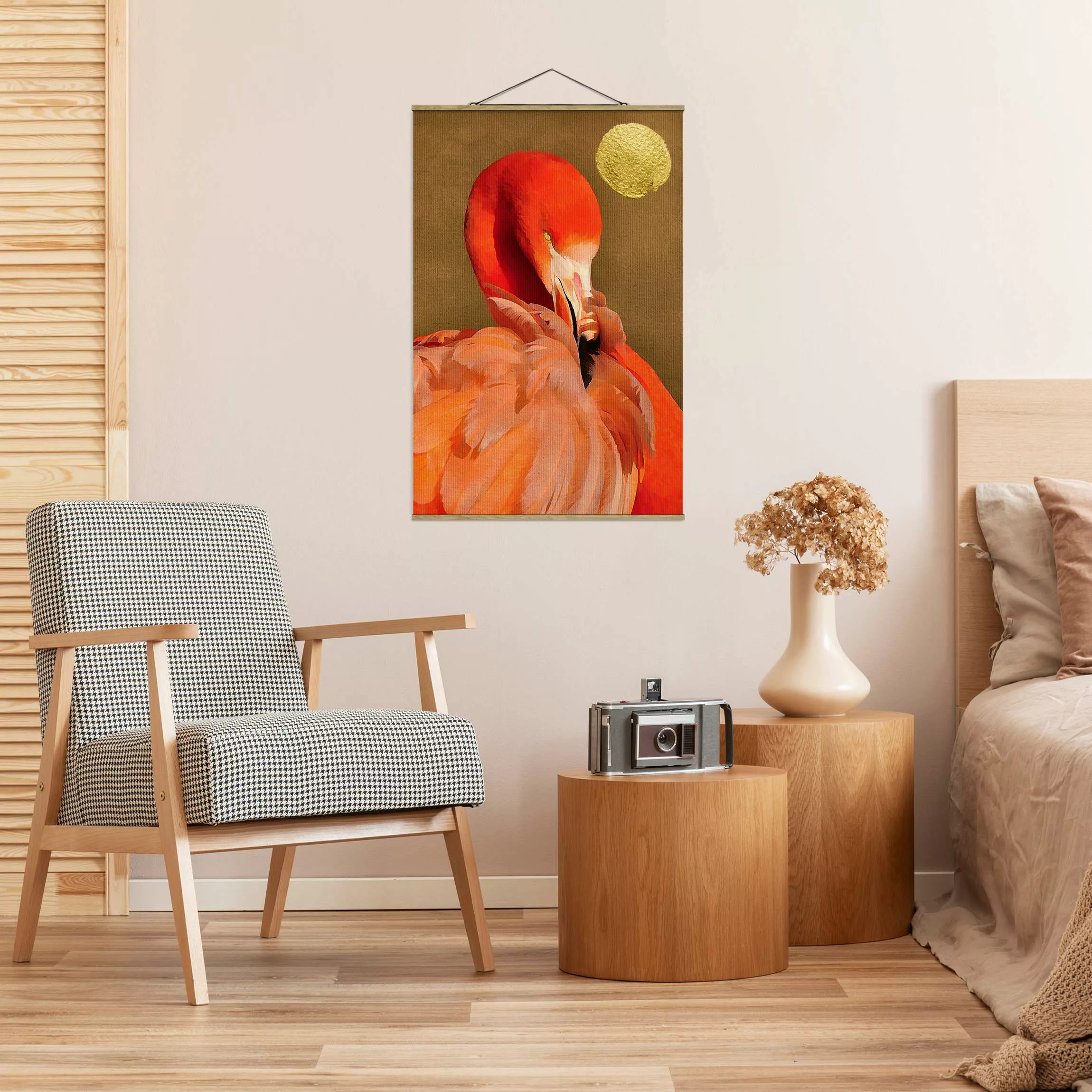 Stoffbild mit Posterleisten Goldener Mond mit Flamingo günstig online kaufen