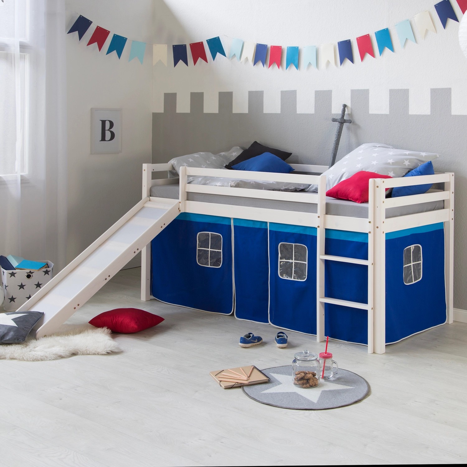 Homestyle4u Hochbett 90x200 mit Vorhang Lattenrost Matratze Rutsche in Weiß günstig online kaufen