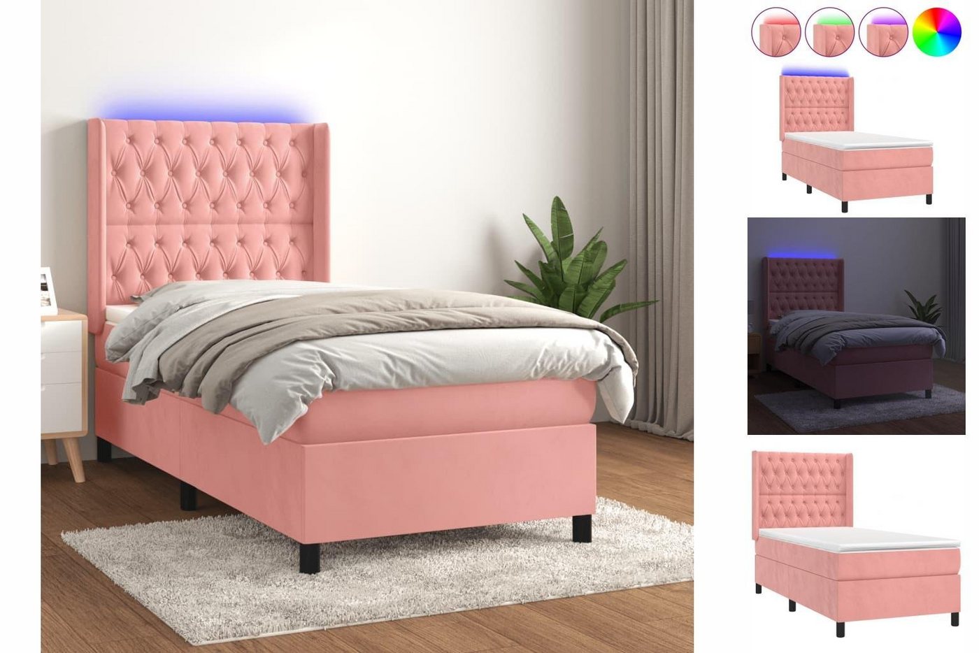 vidaXL Bettgestell Boxspringbett mit Matratze LED Rosa 100x200 cm Samt Bett günstig online kaufen