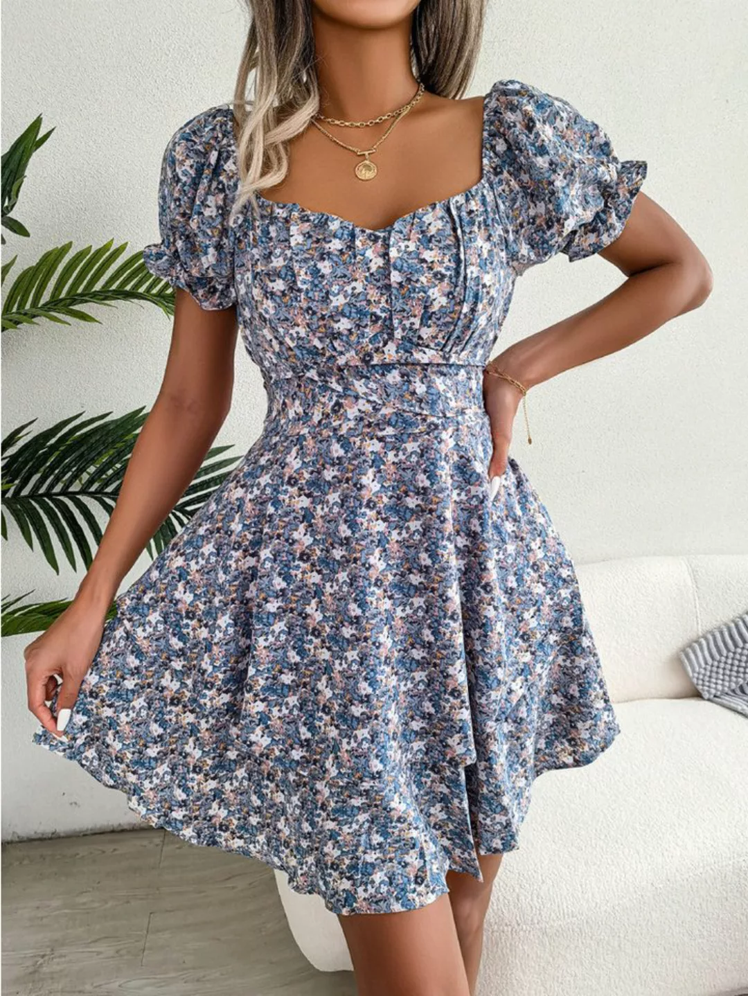 BlauWave Druckkleid Blumendruck Sommerkleid Damen Puffärmel Strandkleider ( günstig online kaufen