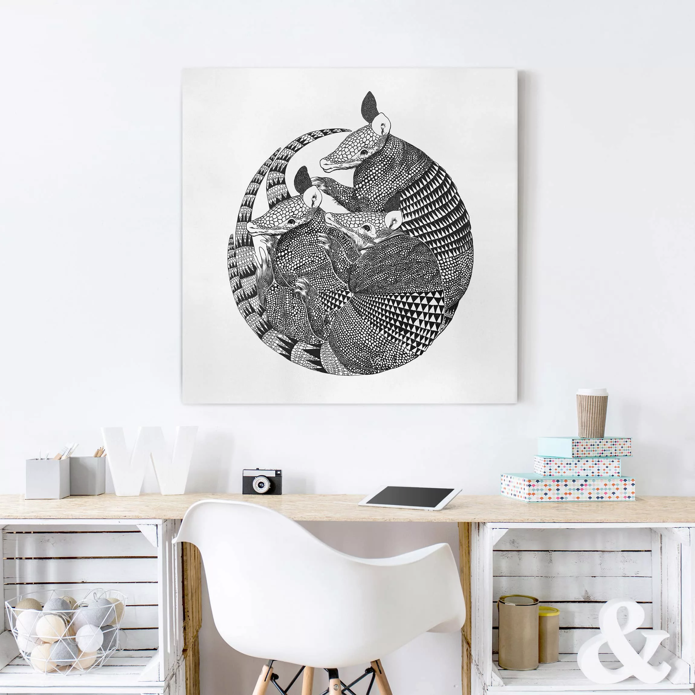 Leinwandbild Tiere - Quadrat Illustration Gürteltiere Schwarz Weiß Muster günstig online kaufen