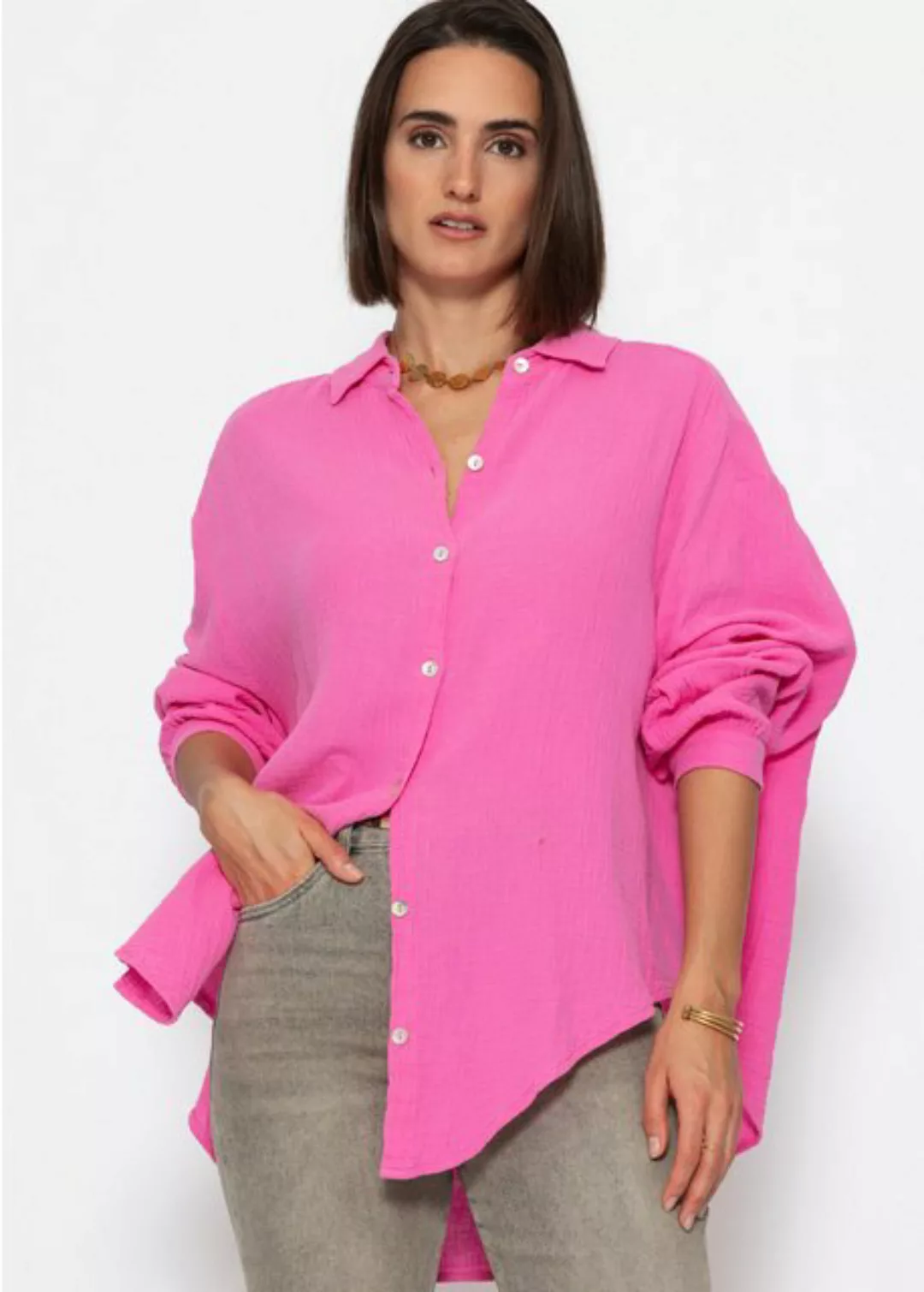 SASSYCLASSY Longbluse Oversize Musselin Bluse Damen kurz Langarm Elegant He günstig online kaufen