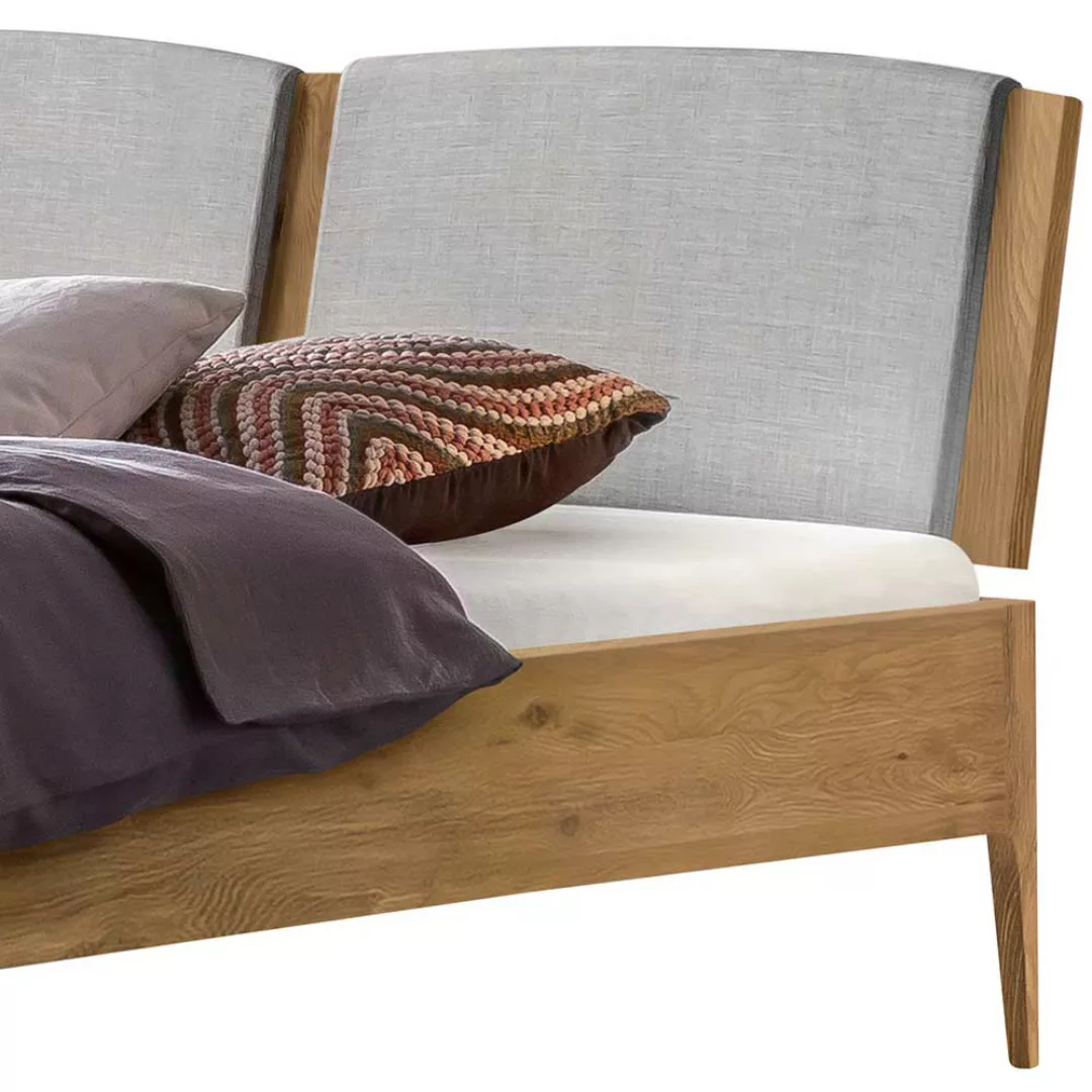 Massivholz Bett 140x200 Wildeiche Polsterkopfteil Grau 38 cm Einstiegshöhe günstig online kaufen