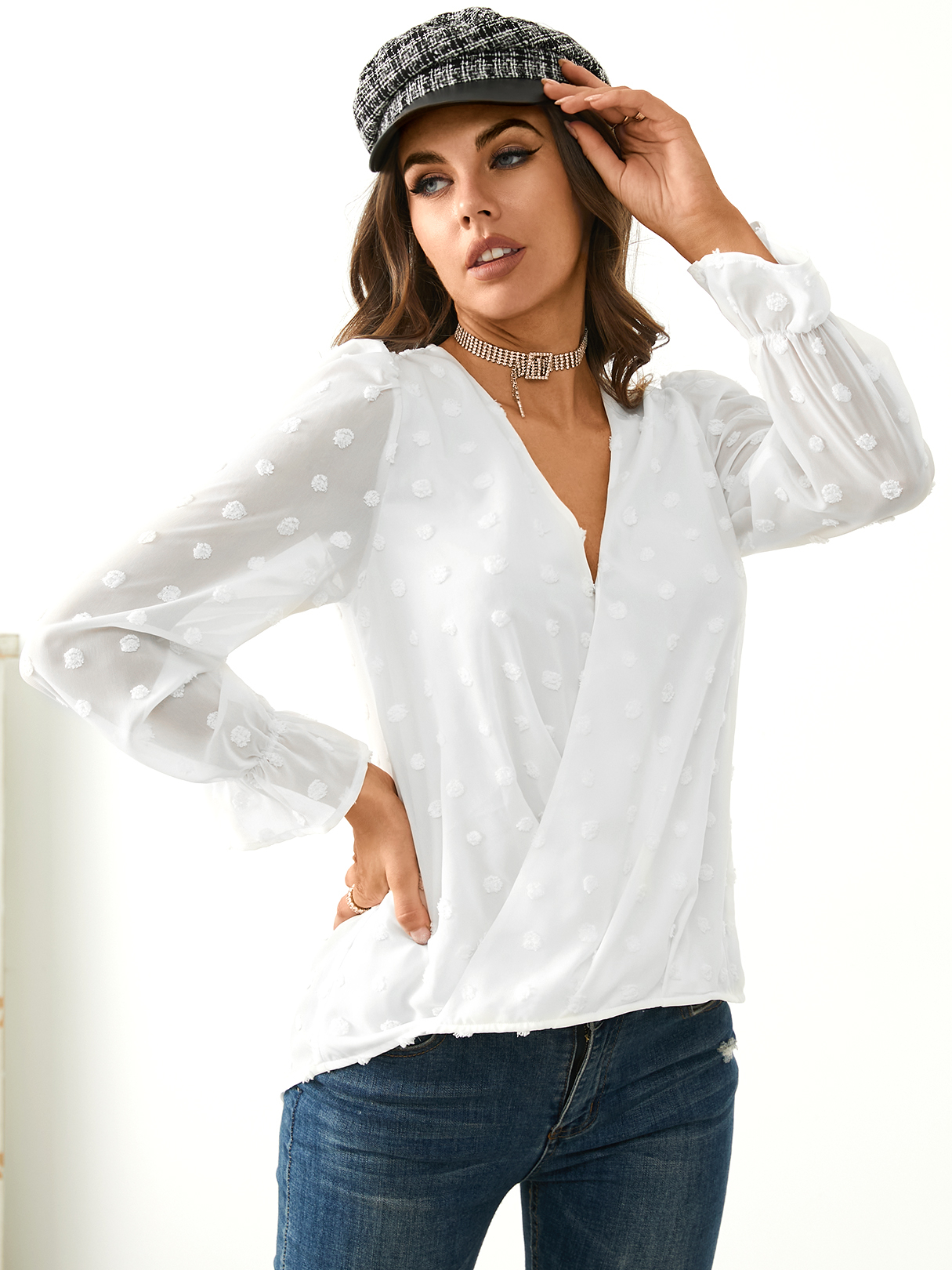 YOINS Mesh Polka Dot gekreuzte Bluse mit langem Ärmel und V-Ausschnitt vorn günstig online kaufen