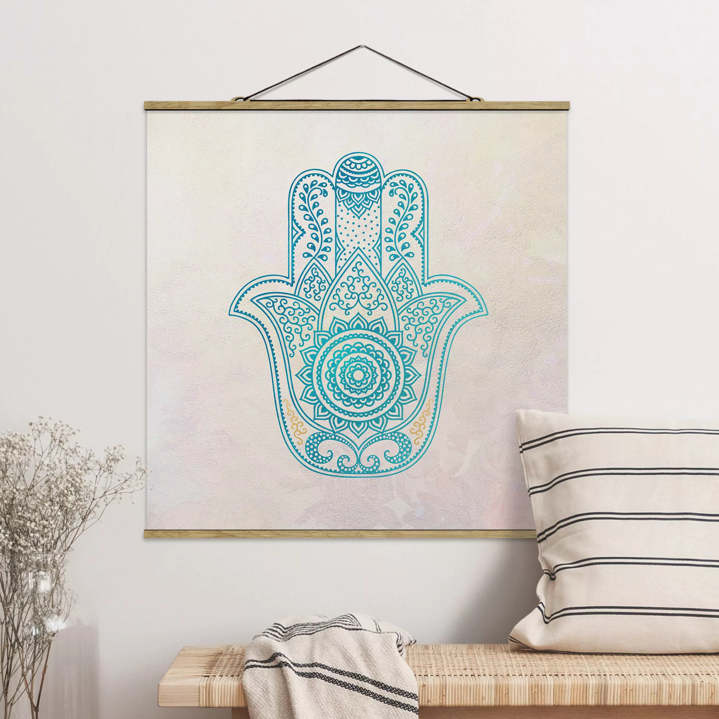 Stoffbild Mandala mit Posterleisten - Quadrat Hamsa Hand Illustration Manda günstig online kaufen