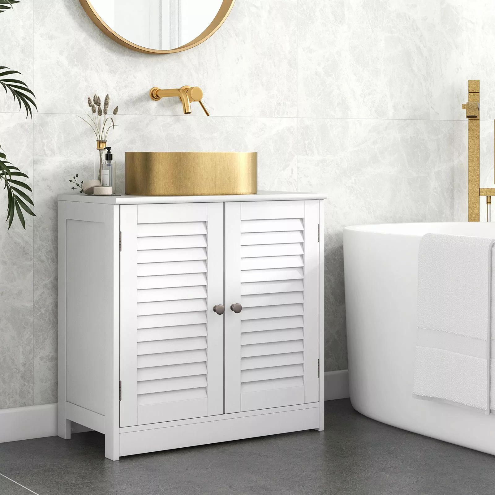 COSTWAY Waschbeckenunterschrank Badezimmerschrank mit 2 Lamellentüren, günstig online kaufen