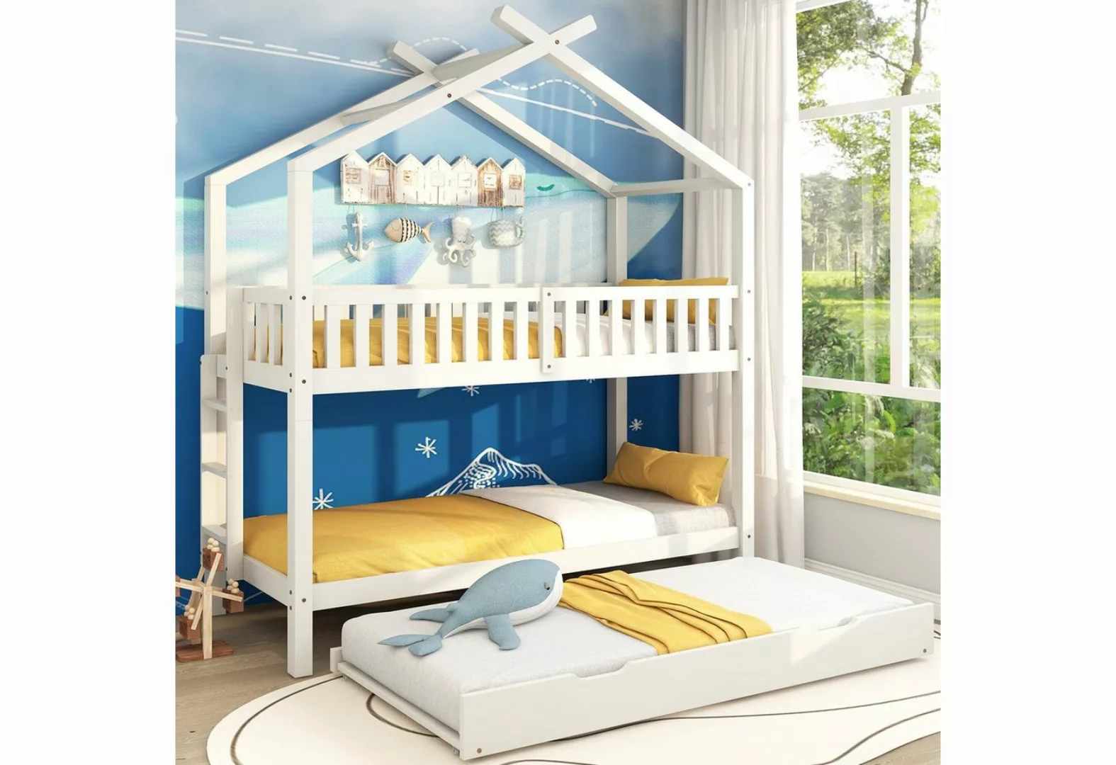 Ulife Kinderbett weißes Etagebett mit Treppe & 3 ausziehbaren Liegeflächen, günstig online kaufen