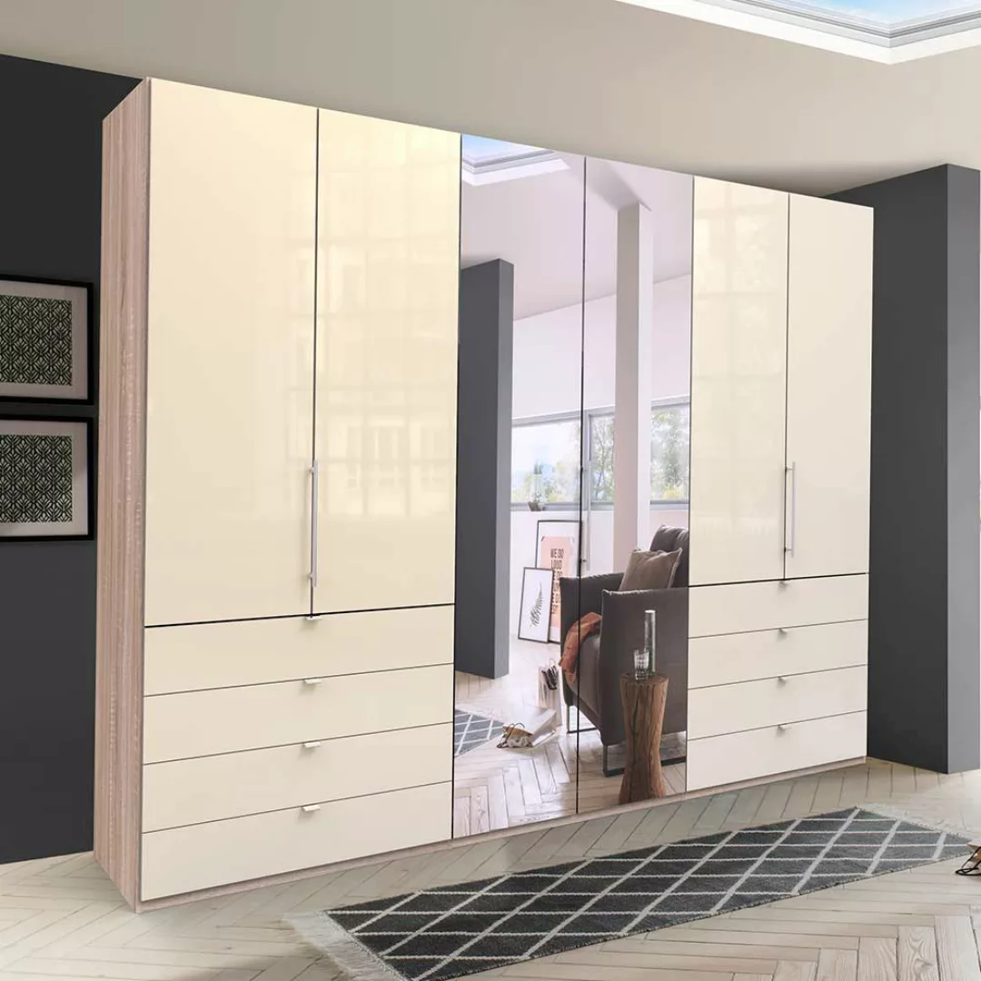 Panorama Kleiderschrank mit drei Falttüren Spiegel und Schubladen glasbesch günstig online kaufen