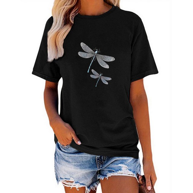 PYL Kurzarmshirt Damen Sommer Kurzarmbluse Locker Libelle Print-Shirt günstig online kaufen