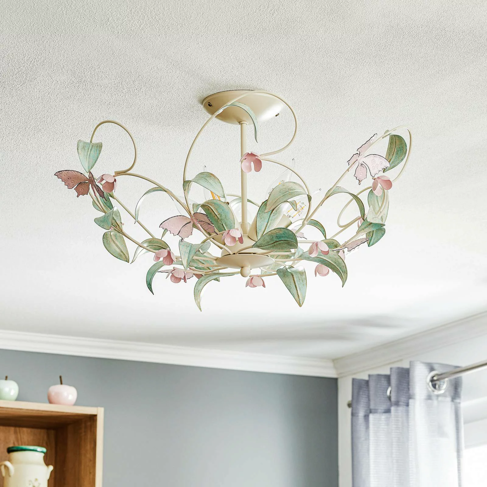 Deckenlampe BUTTERFLY, creme/grün/rosé, Edelstahl, 5-flammig günstig online kaufen