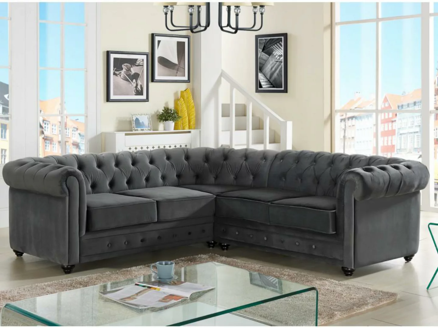 Ecksofa - Samt - Anthrazit - CHESTERFIELD günstig online kaufen