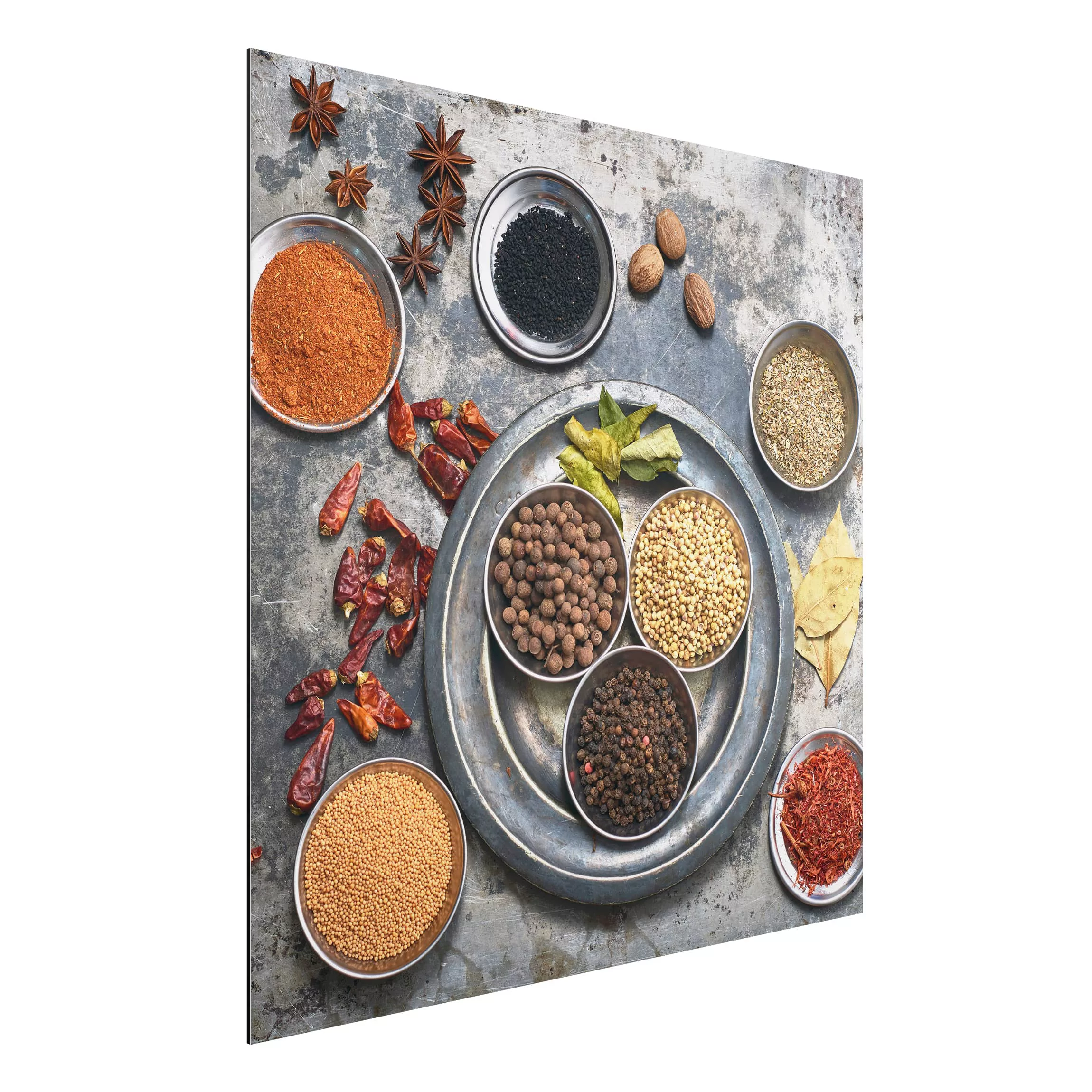 Alu-Dibond Bild Küche - Quadrat Shabby Gewürzplatte günstig online kaufen