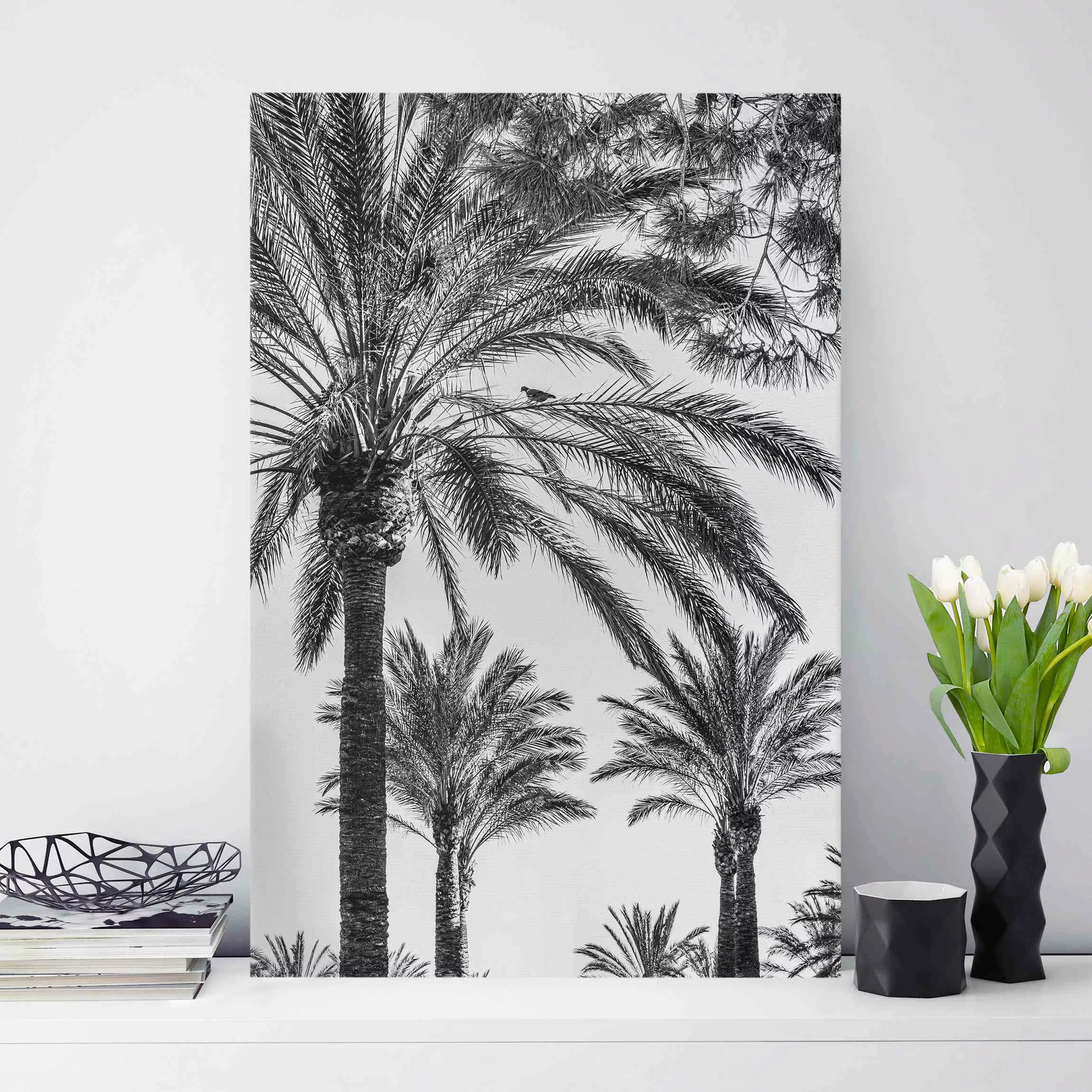 Leinwandbild Palmen im Sonnenuntergang Schwarz-Weiß günstig online kaufen