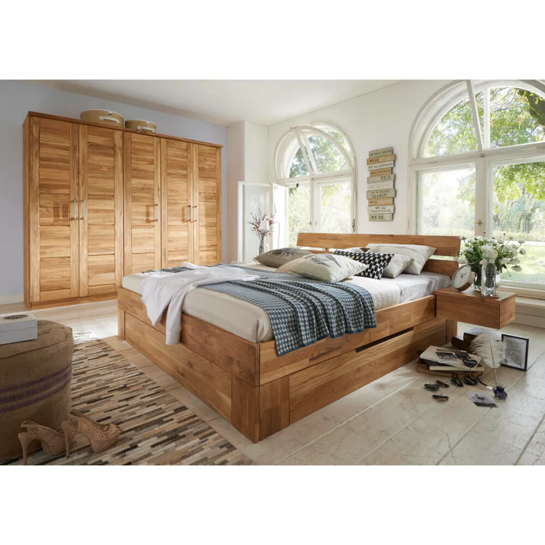180x200 cm Bett Set mit 4-türigem Massivholz Kleiderschrank mit Spiegel NOR günstig online kaufen
