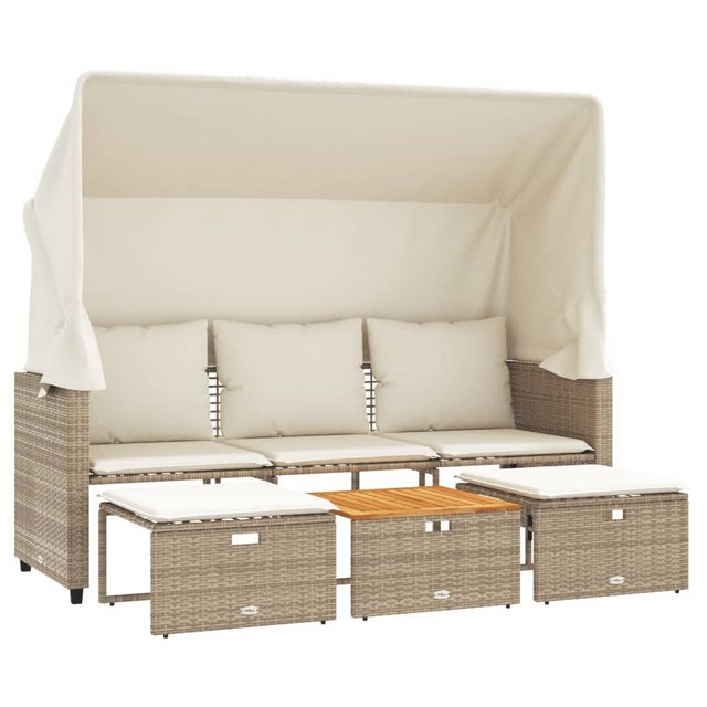 vidaXL Loungesofa Outdoor-Sofa 3-Sitzer mit Dach und Hockern Beige Poly Rat günstig online kaufen