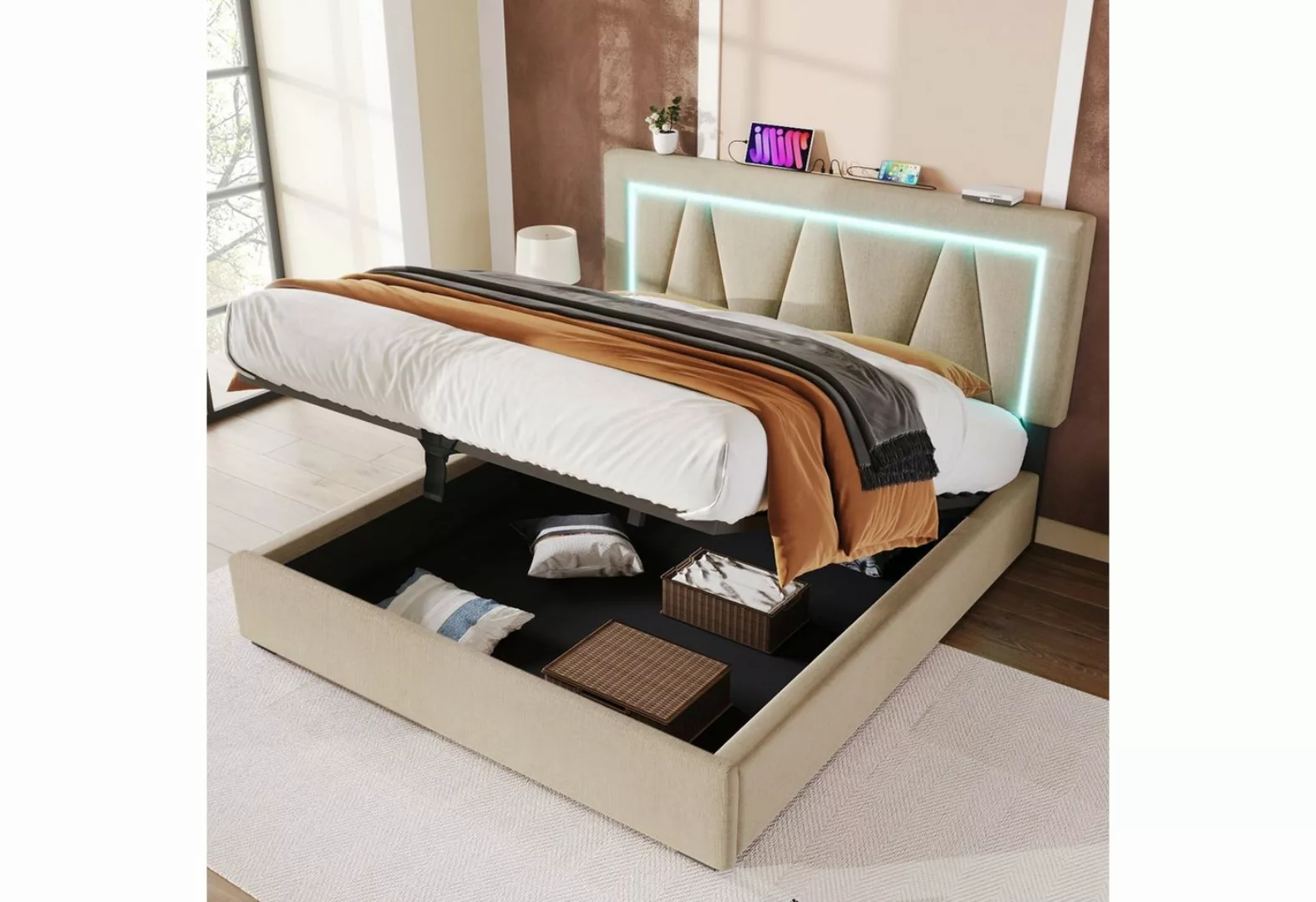 OKWISH Polsterbett Doppelbett (140 x 200 cm Ohne Matratze), LED Doppelbett günstig online kaufen