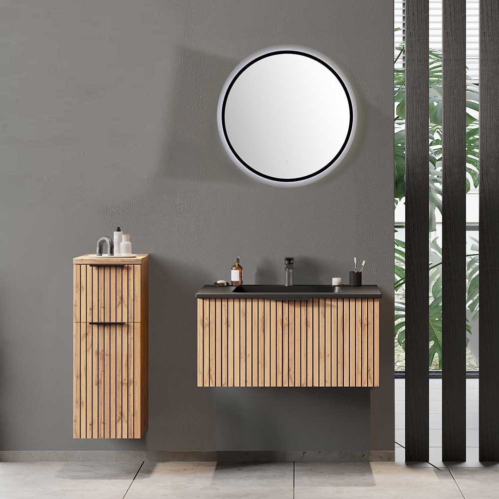 Modernes Badezimmermöbel Set in Wildeichefarben Schwarz (dreiteilig) günstig online kaufen