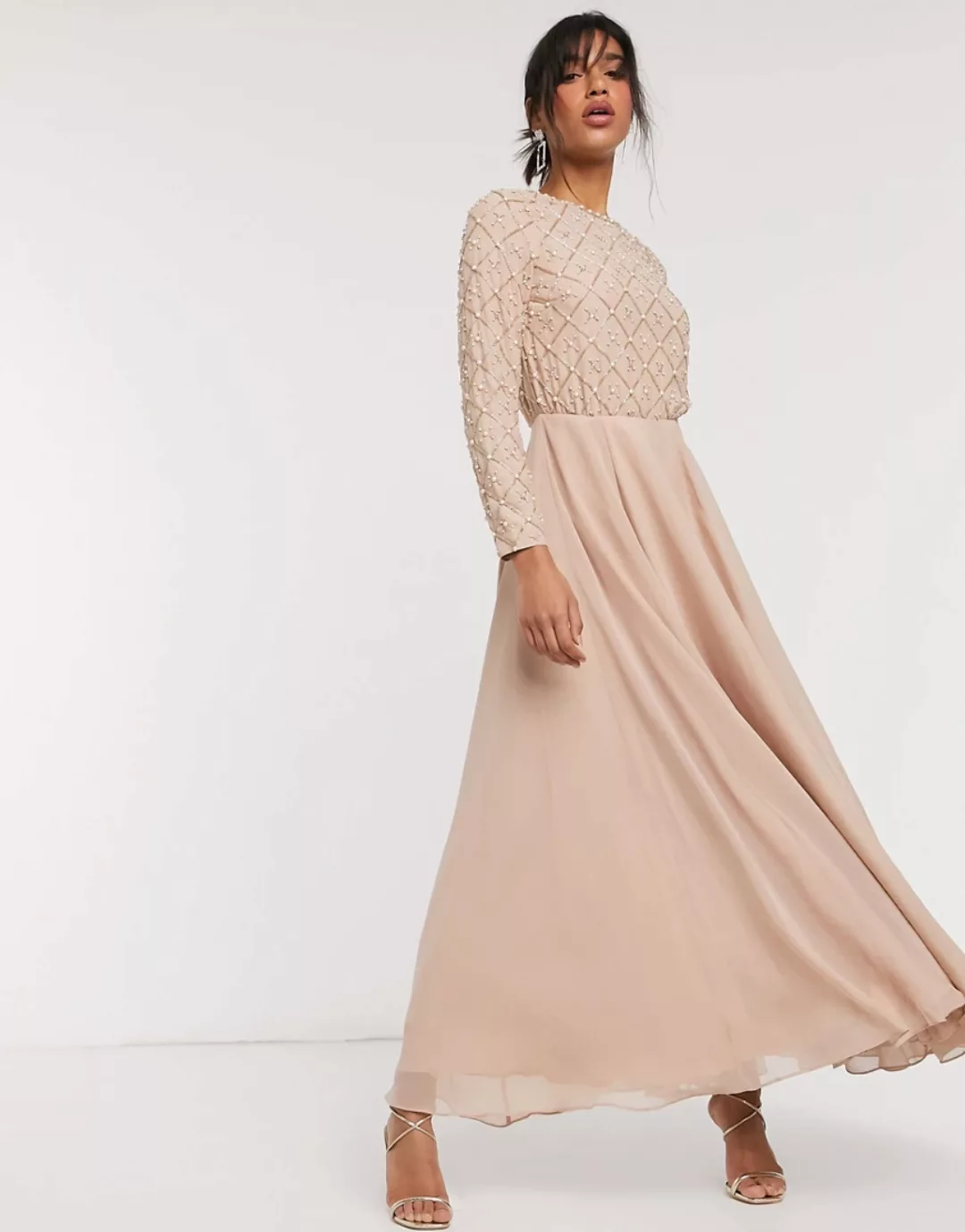 ASOS DESIGN – Langärmliges Brautjungfern-Maxikleid mit Perlenverzierungen u günstig online kaufen