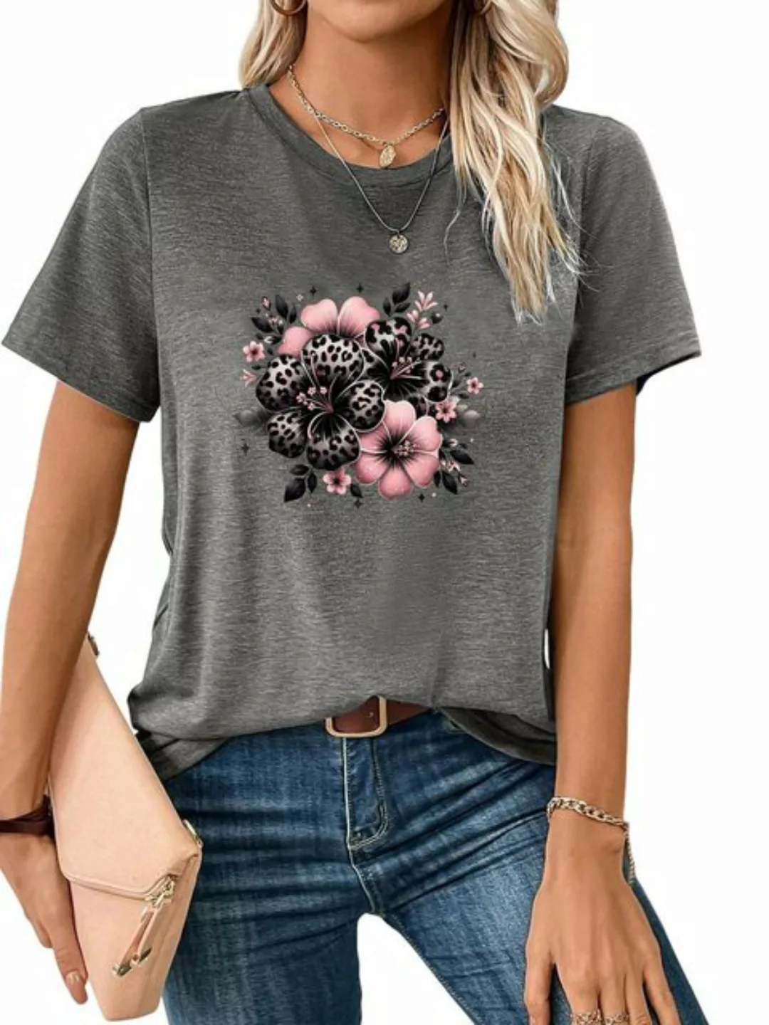 PYL Kurzarmshirt Damen Sommer Casual T-Shirt mit Blume Print Tee günstig online kaufen