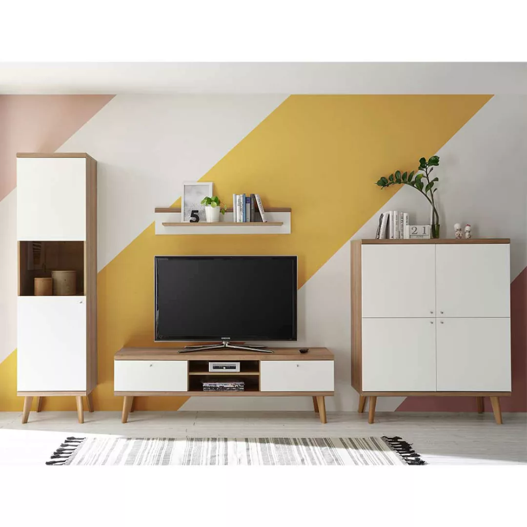 TV Wohnwand in Weiß und Eiche Skandi Design (vierteilig) günstig online kaufen