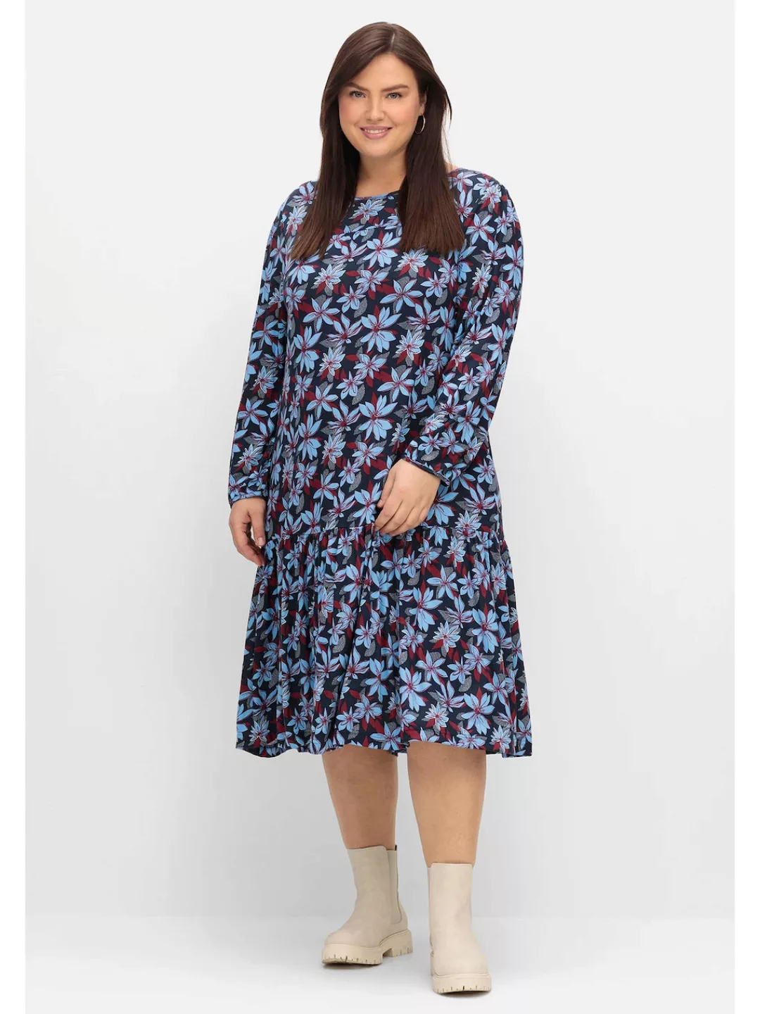 Sheego Jerseykleid "Große Größen", mit Blumendruck, in A-Linie günstig online kaufen