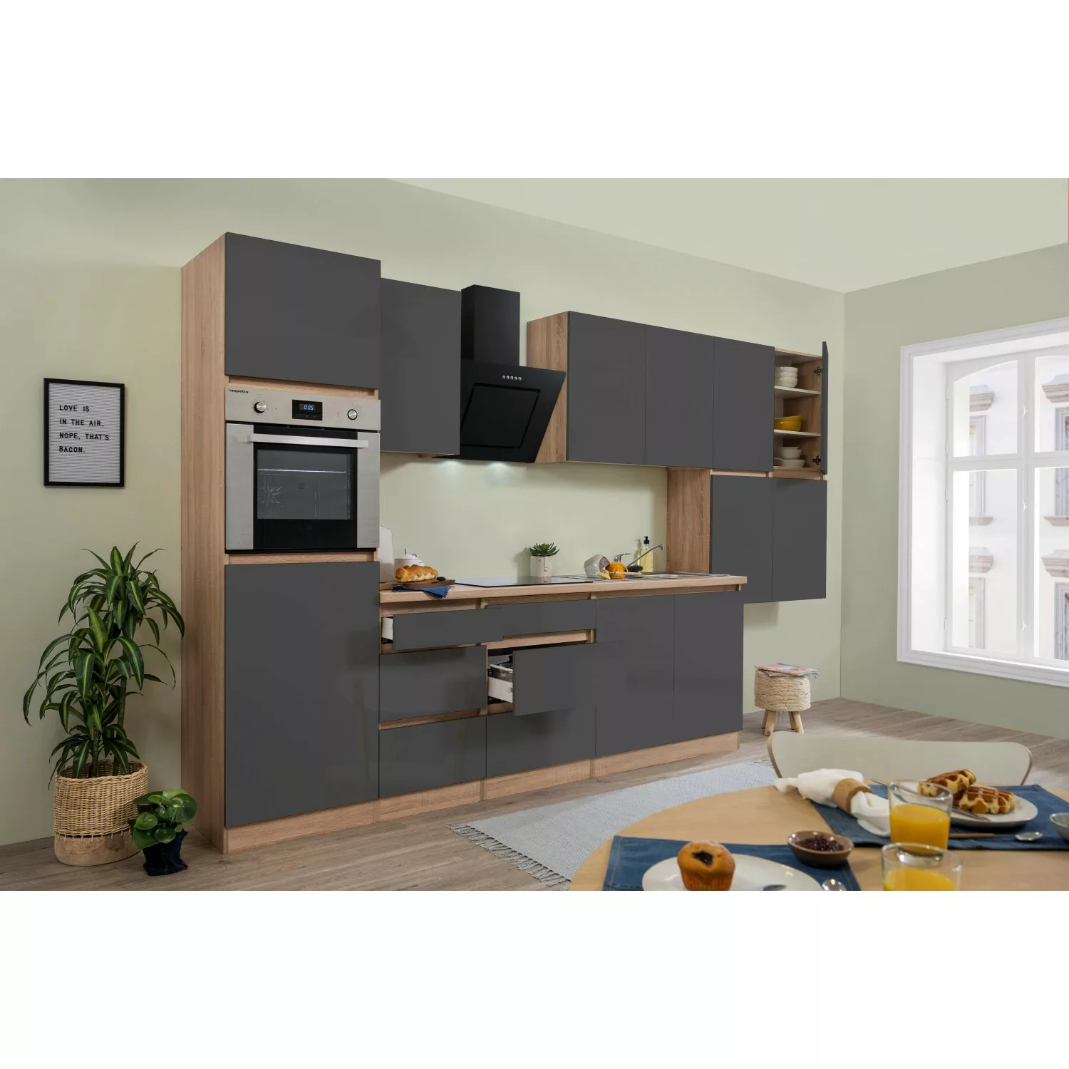 Respekta Küchenzeile GLRP370HESG Grifflos 370 cm Grau Hochglanz-Sonoma Eich günstig online kaufen