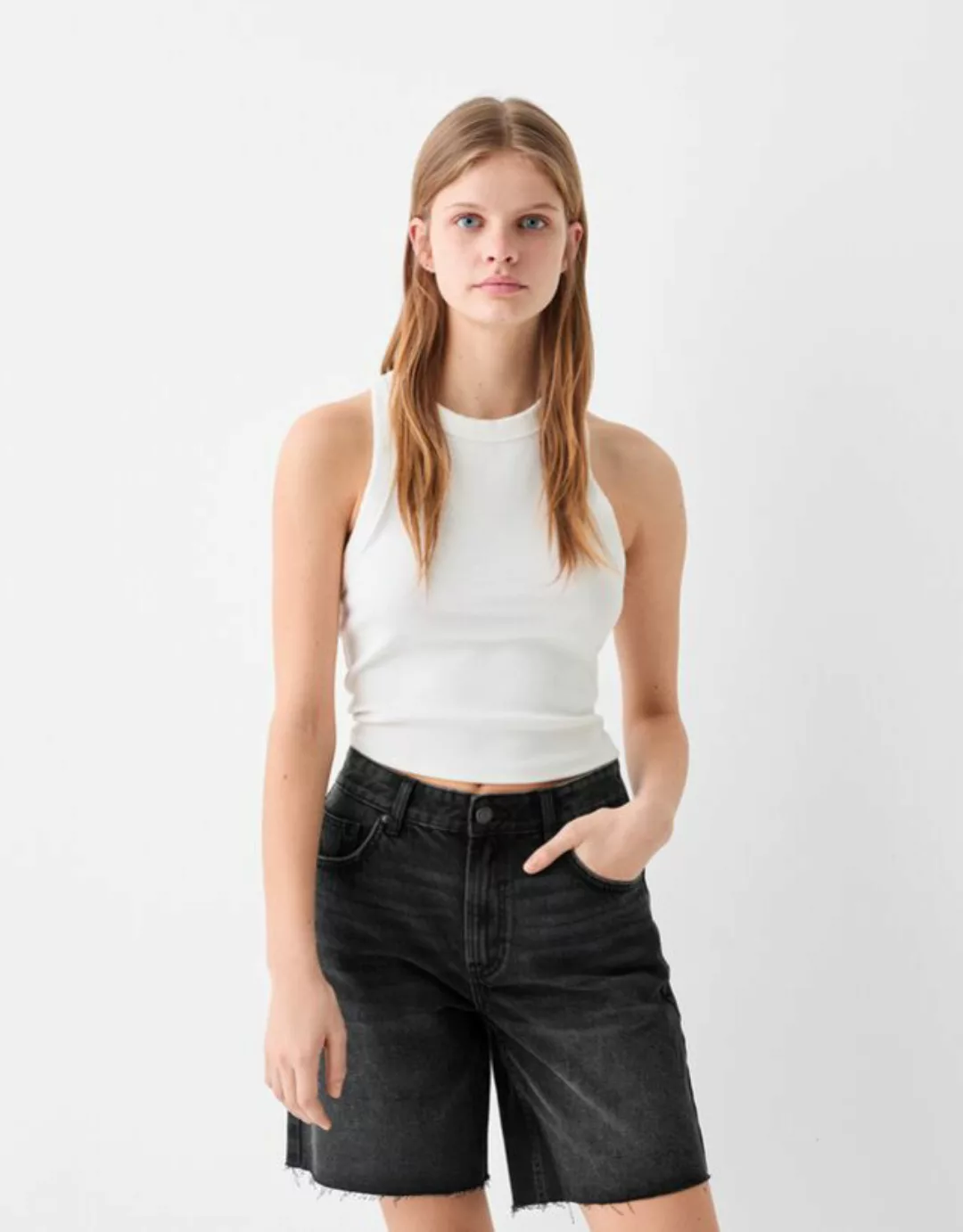 Bershka Jeans-Bermudashorts Damen 32 Schwarz günstig online kaufen