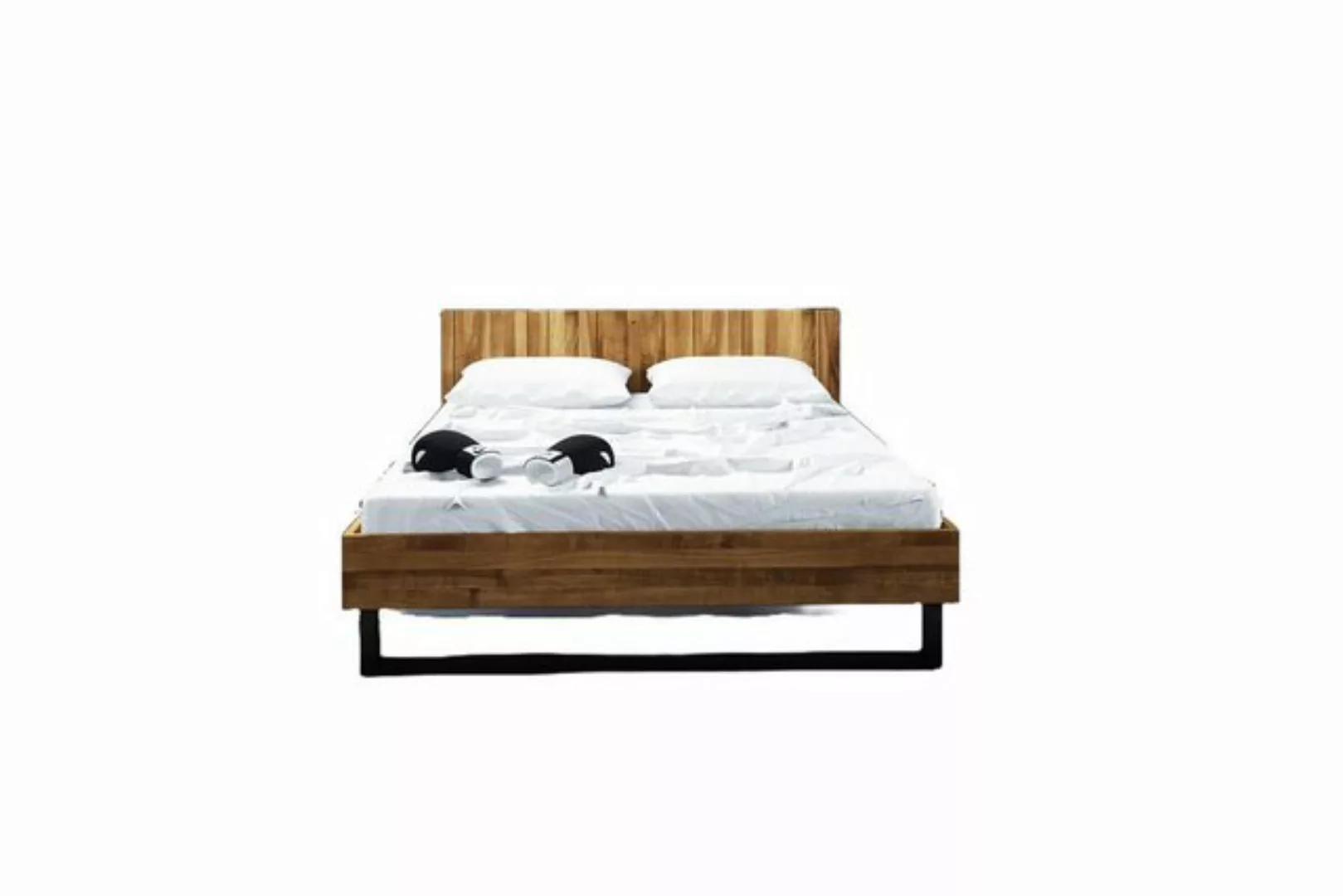 Natur24 Bett Bett Leeds Wildeiche massiv 180x200cm mit Holzkopfteil und Met günstig online kaufen