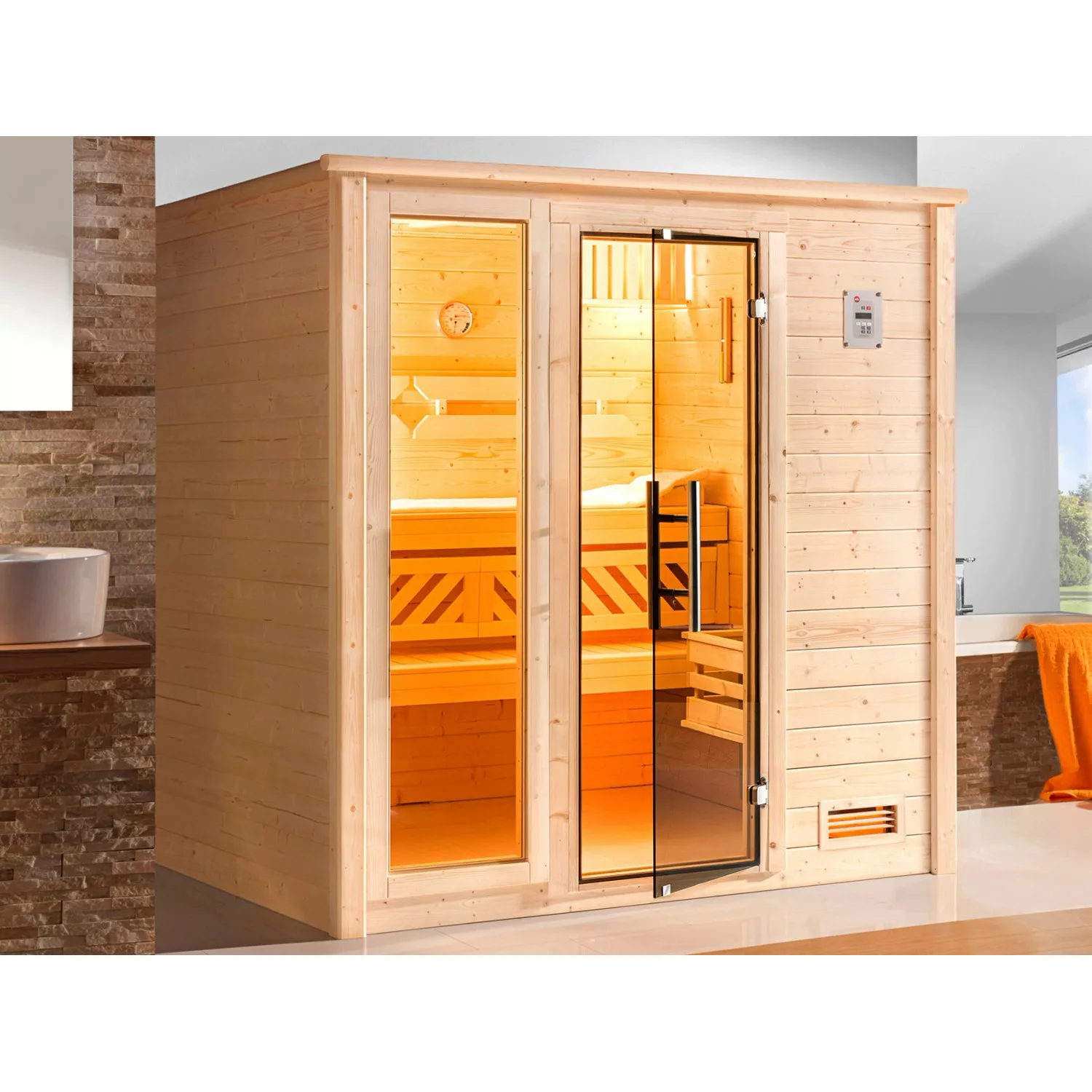 Weka Sauna Bergen 2 + Ofen, ext. Steuerung, Fenster und Glastür Graphit günstig online kaufen
