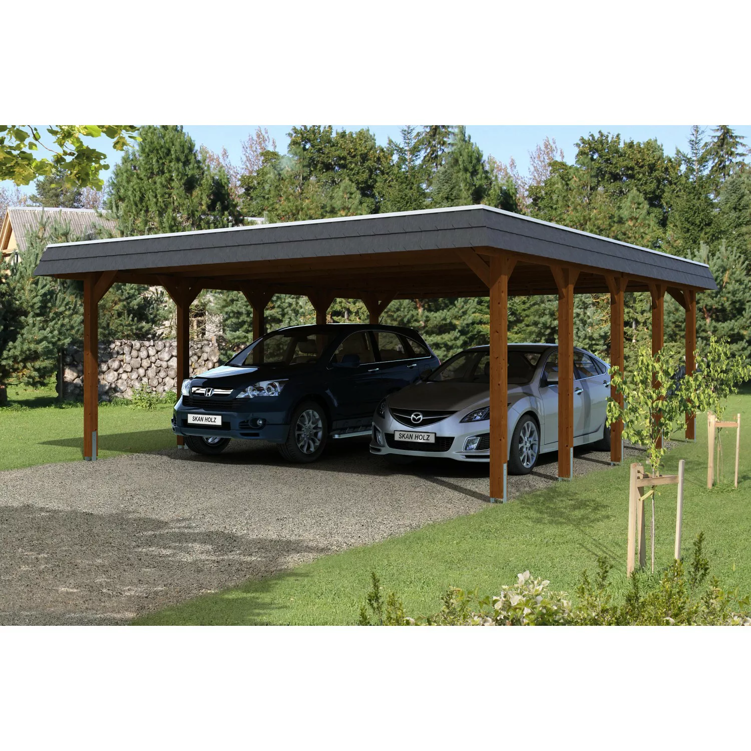 Skan Holz Carport Spreewald 585 cm x 741 cm EPDM Dach schwarze Blende Nussb günstig online kaufen