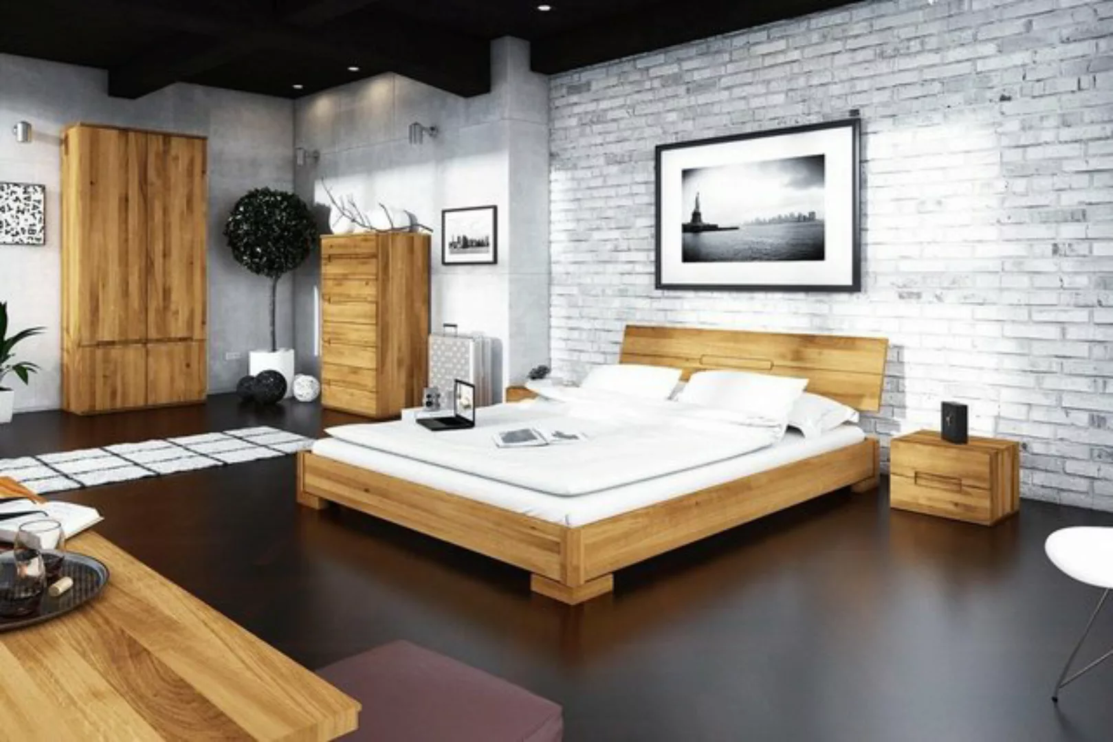 Natur24 Einzelbett Bett Bento 5 Wildeiche massiv 140x200 mit Holzkopfteil u günstig online kaufen