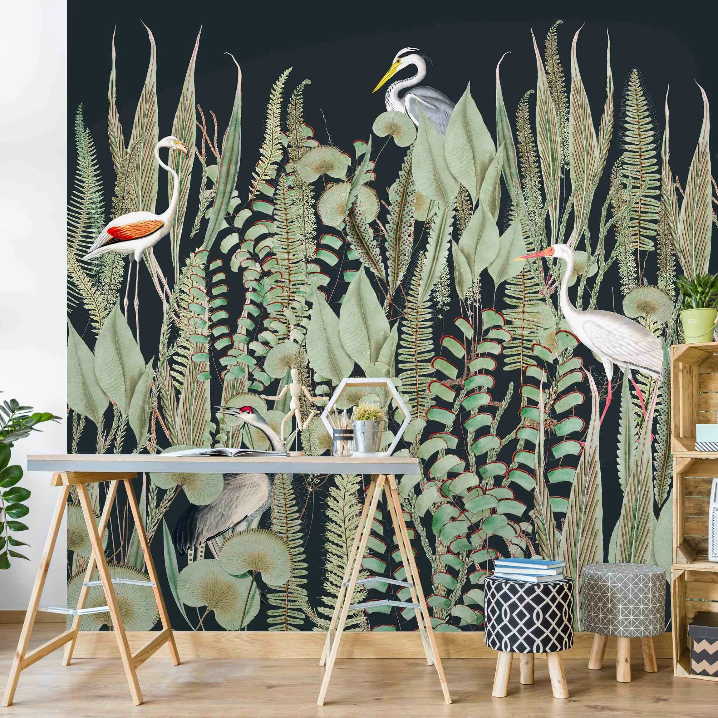 Fototapete Flamingo und Storch mit Pflanzen auf Grün günstig online kaufen