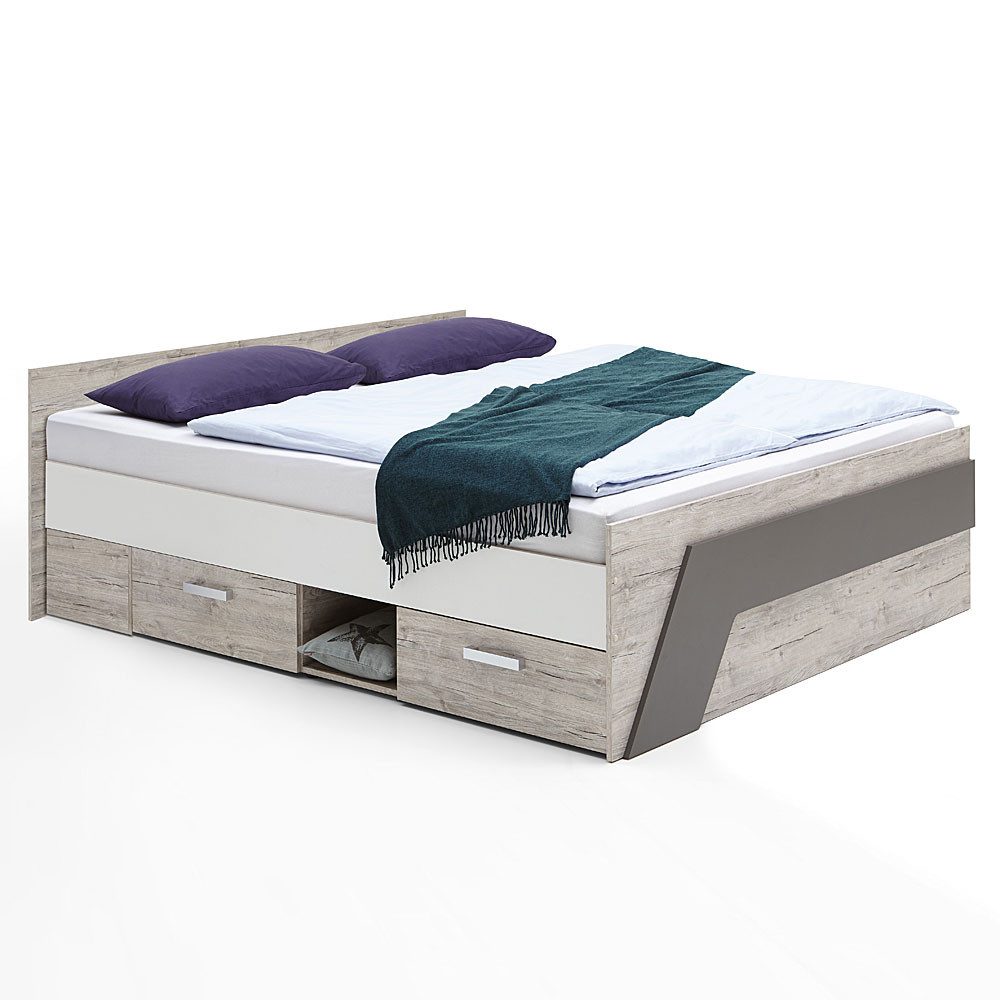 Lomadox Jugendbett LEEDS-10, Sandeiche Nb./weiß/Lava 145x69,5x204,5cm günstig online kaufen
