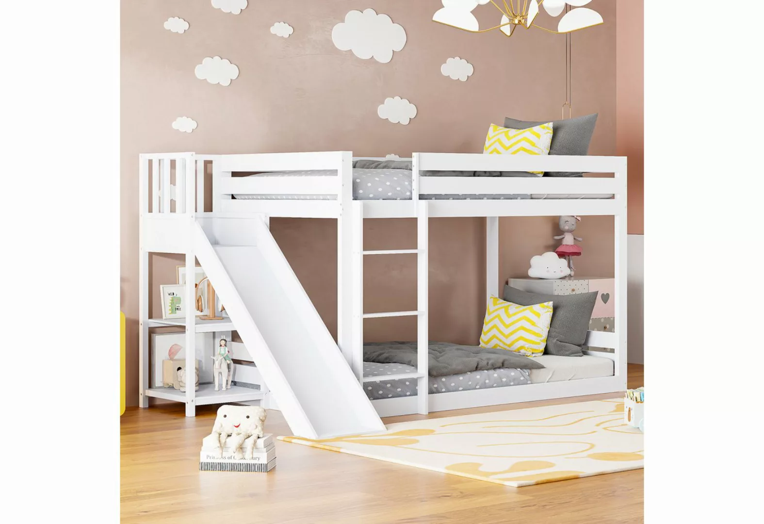 FUROKOY Etagenbett Kinderbett 90x200cm mit Leiter, Rutsche und Regal,weiß/g günstig online kaufen
