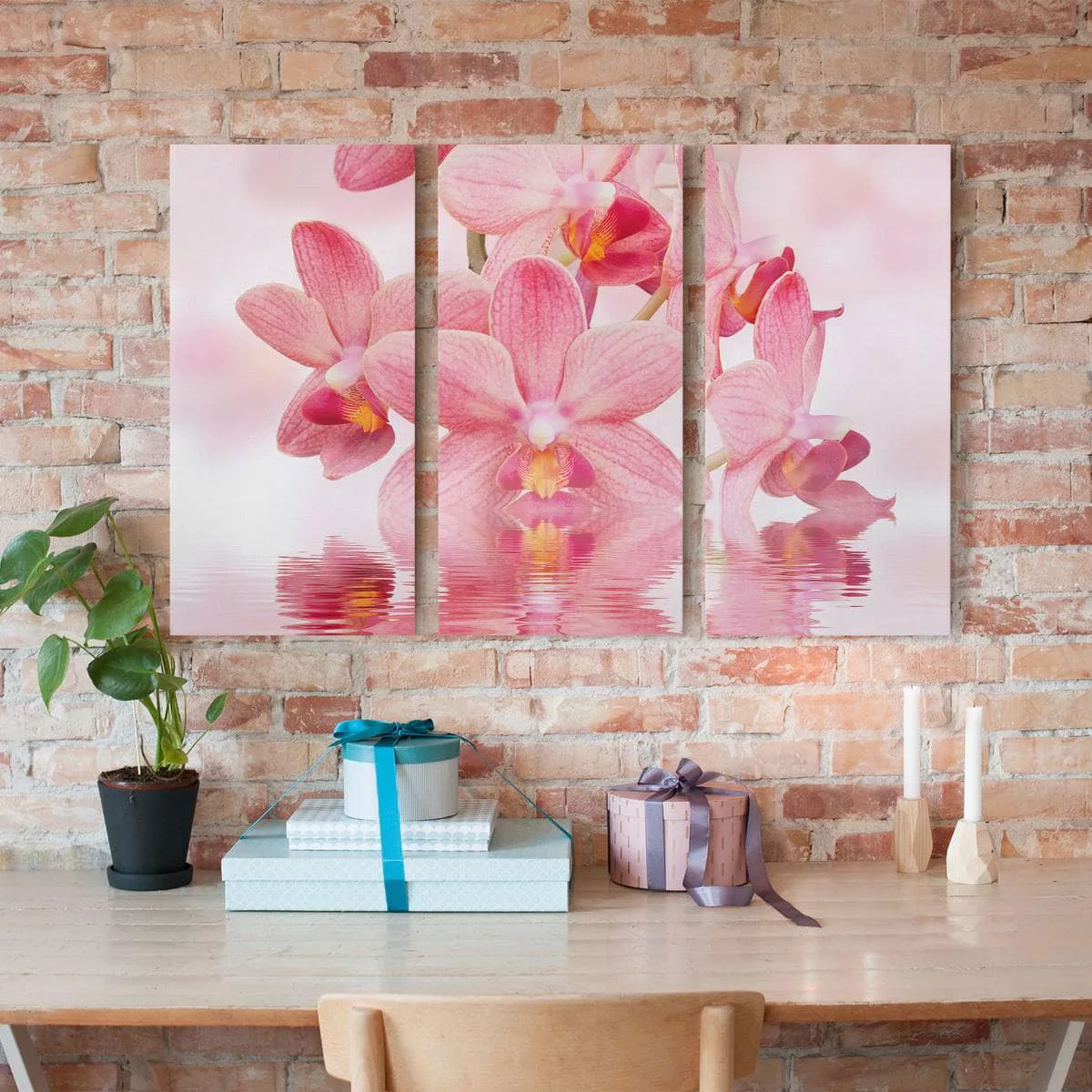 3-teiliges Leinwandbild Blumen - Querformat Rosa Orchideen auf Wasser günstig online kaufen