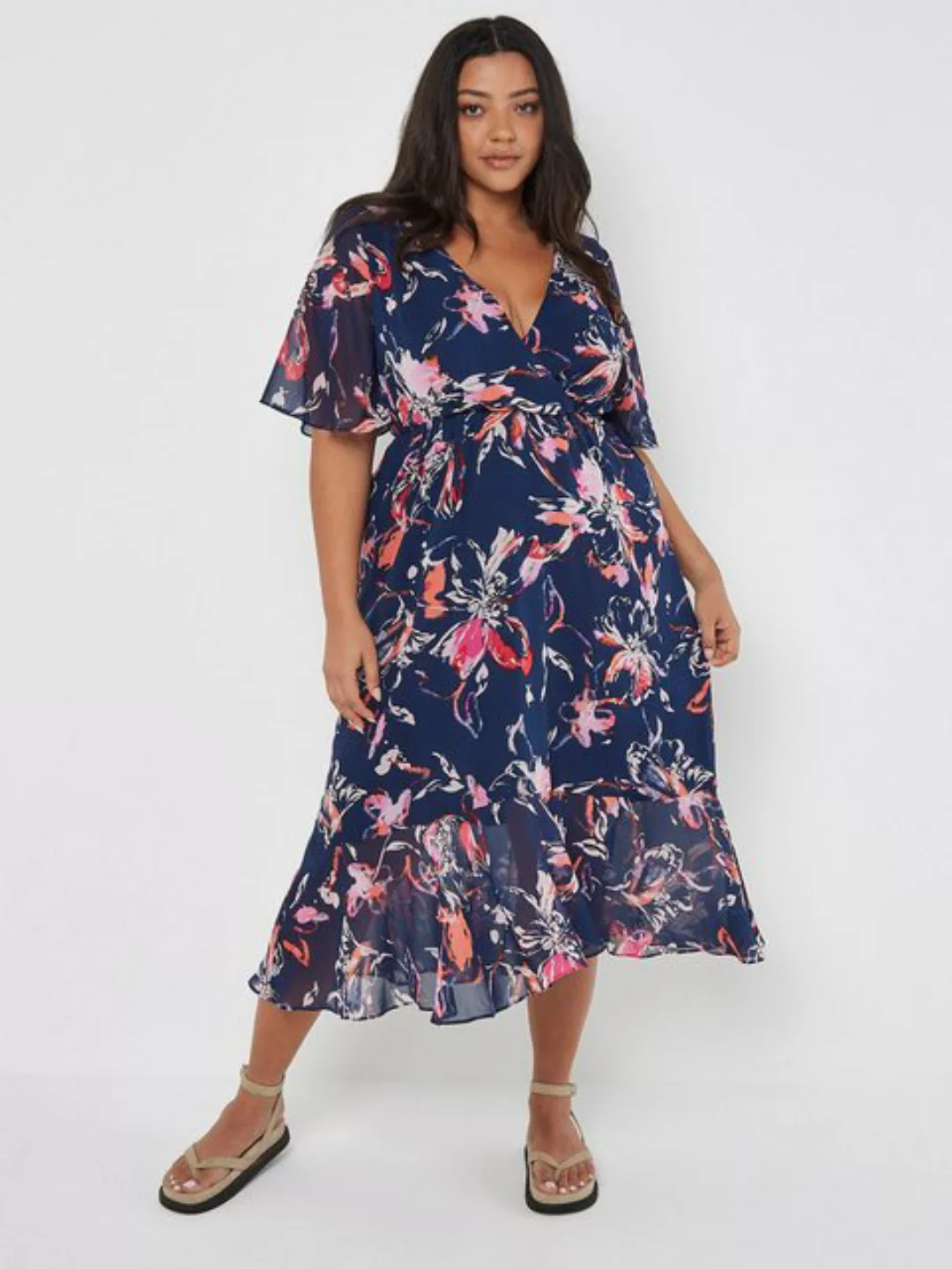 Apricot Midikleid Curve Abstract Floral Wrap Dress, mit Volant günstig online kaufen